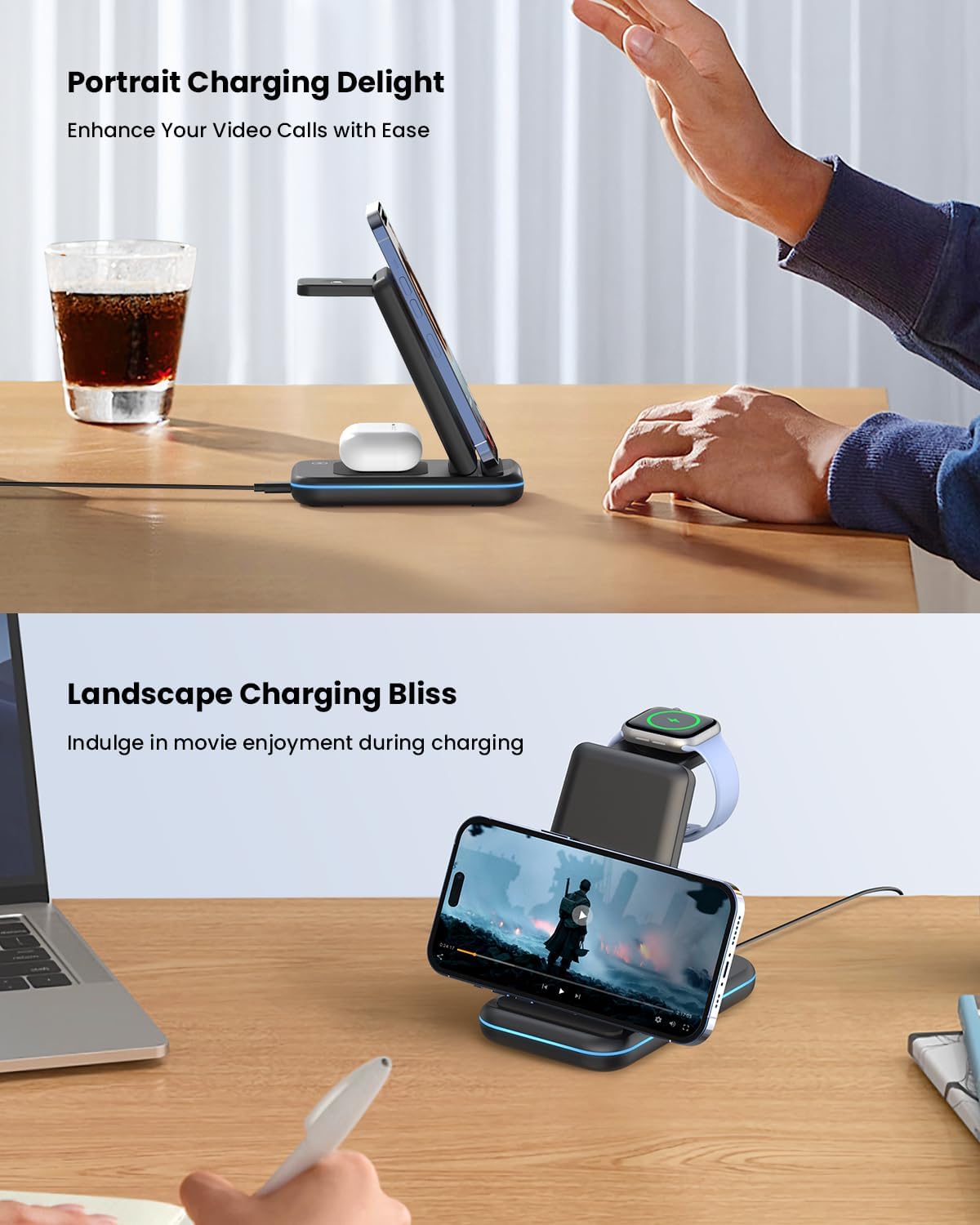 Detalle de GEEKERA 3-in-1 Wireless Charging Station for iPhone, Apple Watch and AirPods (Carbon Black)