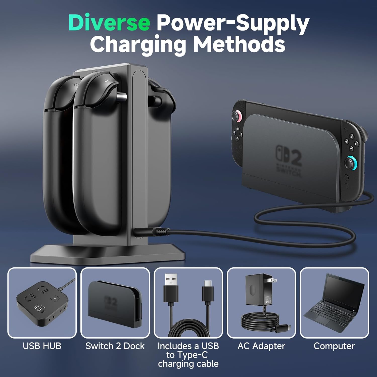Detalle de YCCTEAM 4-in-1 Fast Charger Dock for Switch 2 Joy-Con (2025) with Magnetic Alignment and LED Indicators