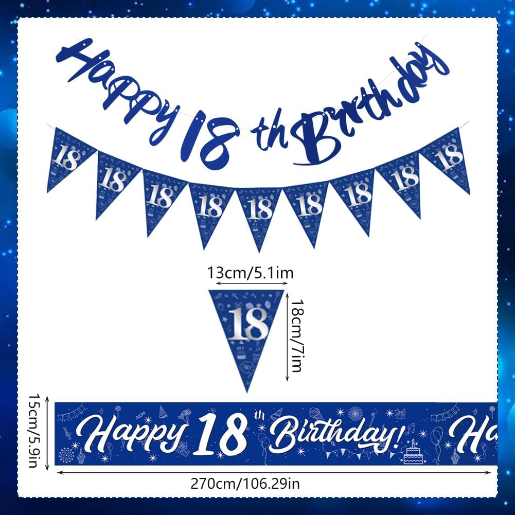 Detalle 2 de Yontree 18th Birthday Decorations – Blue & Silver Banners, Triangle Flags, Cake Toppers & More for Him