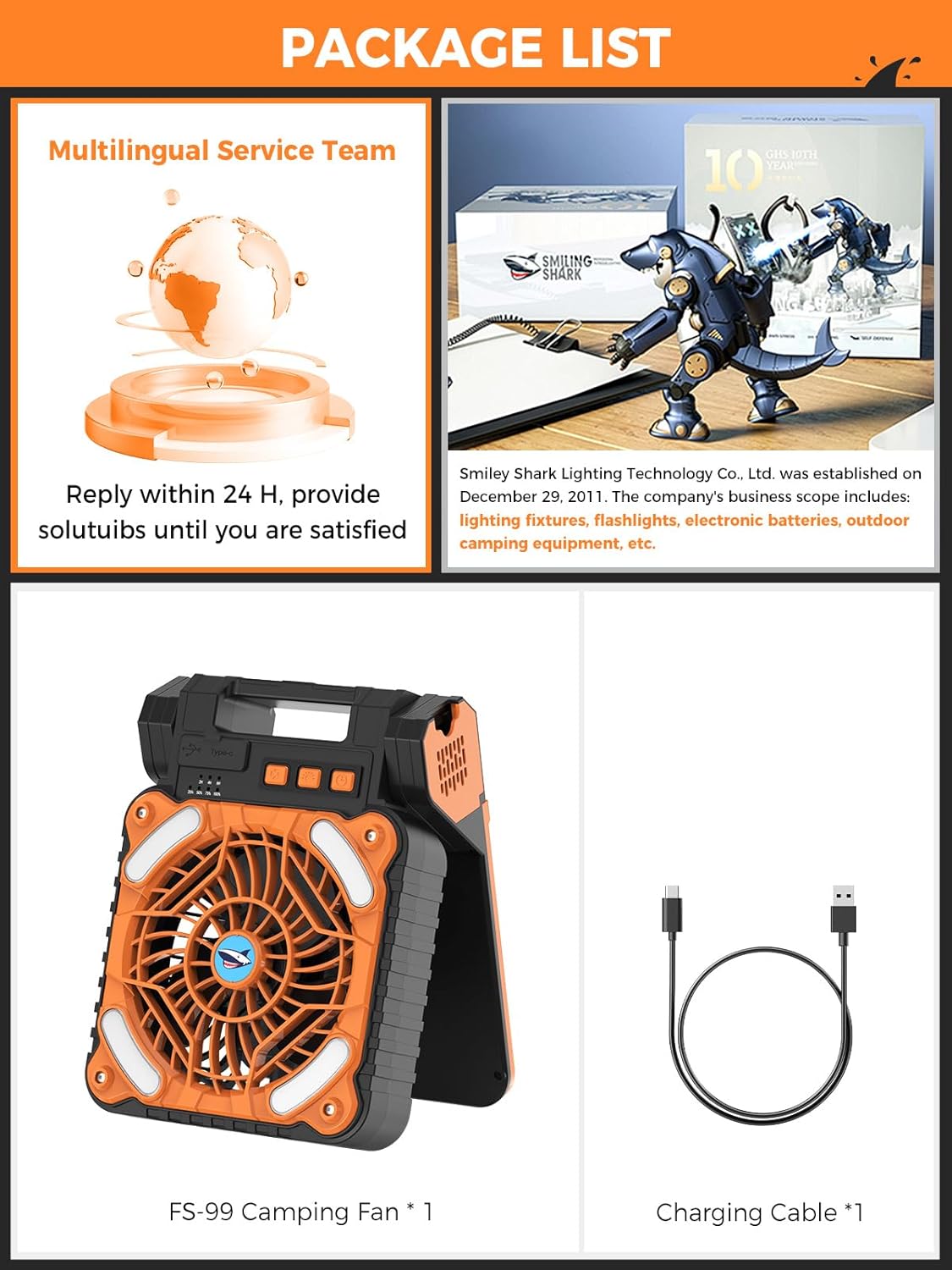 Thumbnail 6 de Smiling Shark FS-99: Ventilatore da Campeggio con LED, Batteria 6000 mAh, 4 Velocità e Ricarica Solare