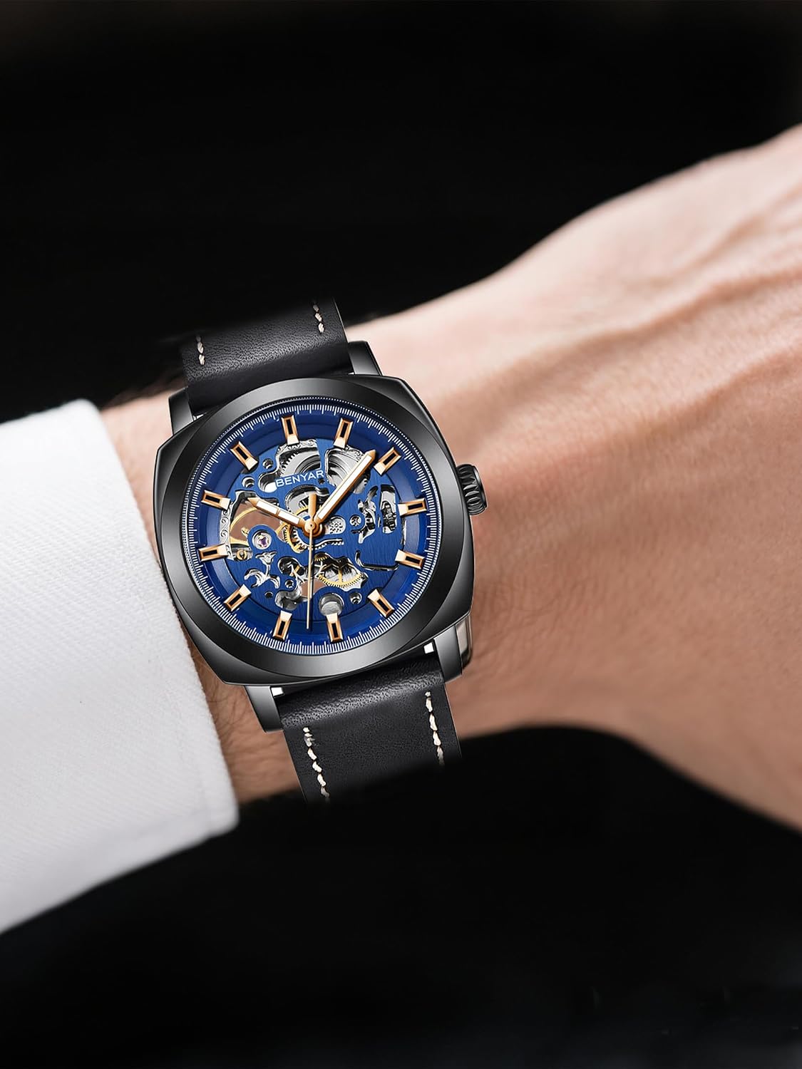 Thumbnail 6 de BENYAR Herren Automatik Uhr mit Skelettzifferblatt – 45 mm, Lederarmband