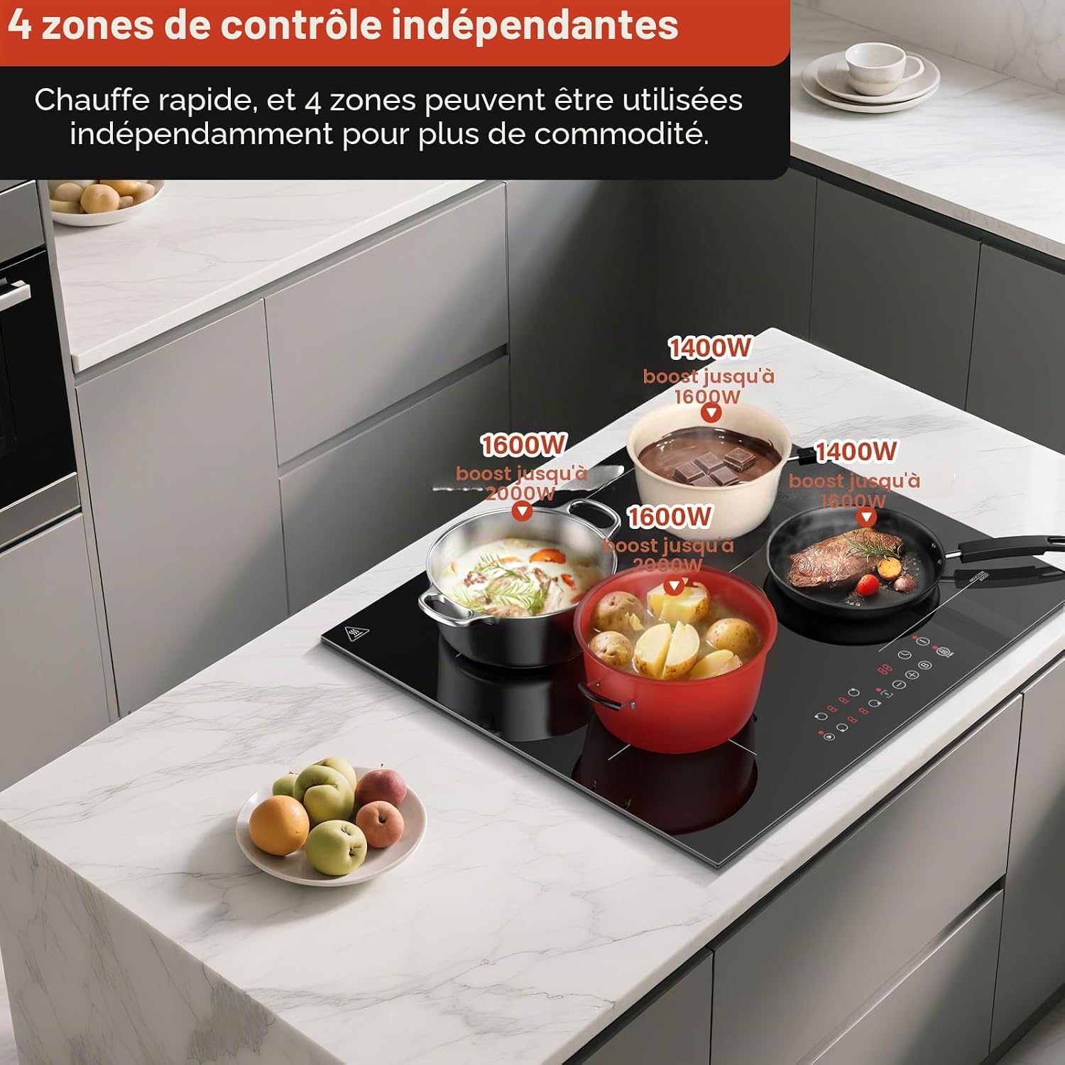 Detalle de KICHPOWER Plaque Induction 4 Feux avec Zone Flexible 60 cm – 6000 W, Commande Tactile
