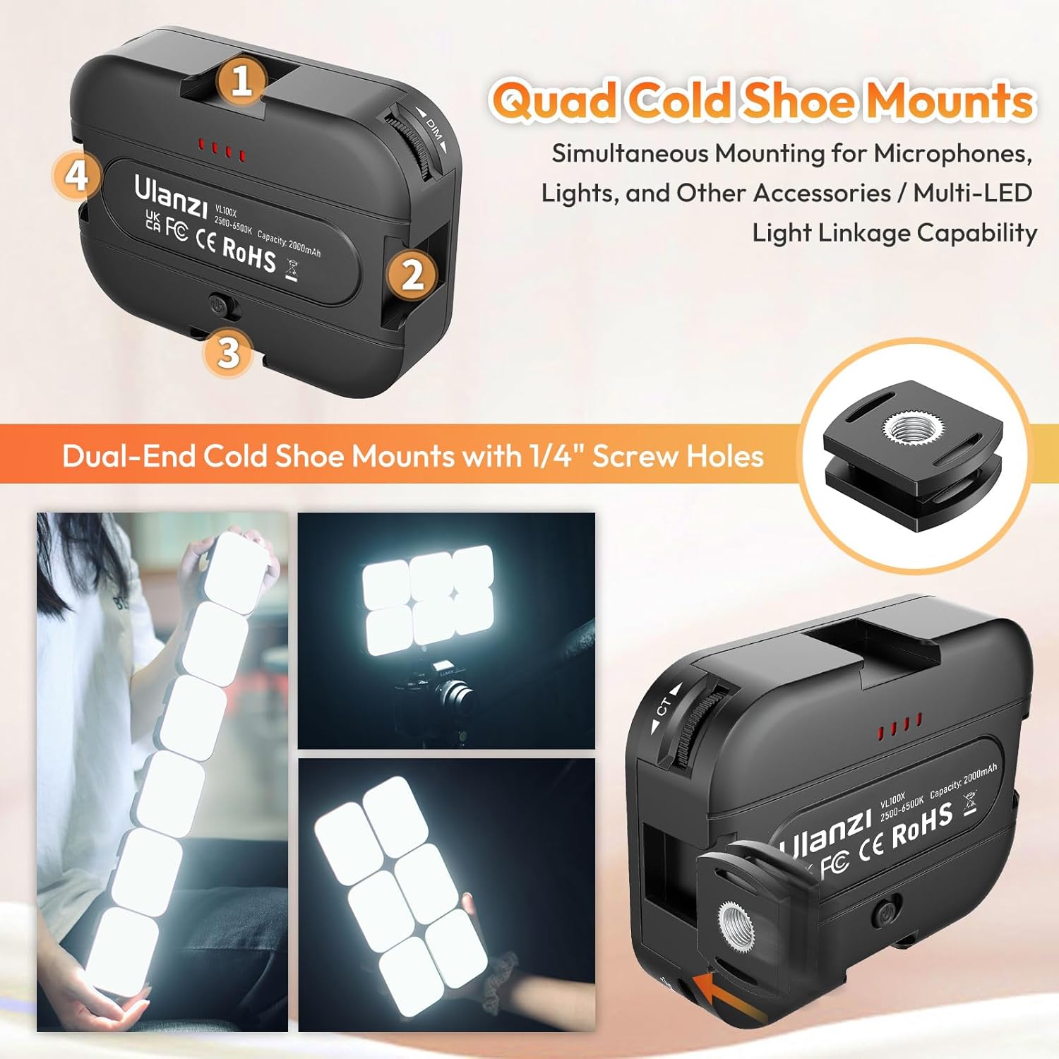 Thumbnail 5 de ULANZI VL100X Bi-Colour Selfie Light with 95+ CRI LEDs, 2500K–6500K and dimming