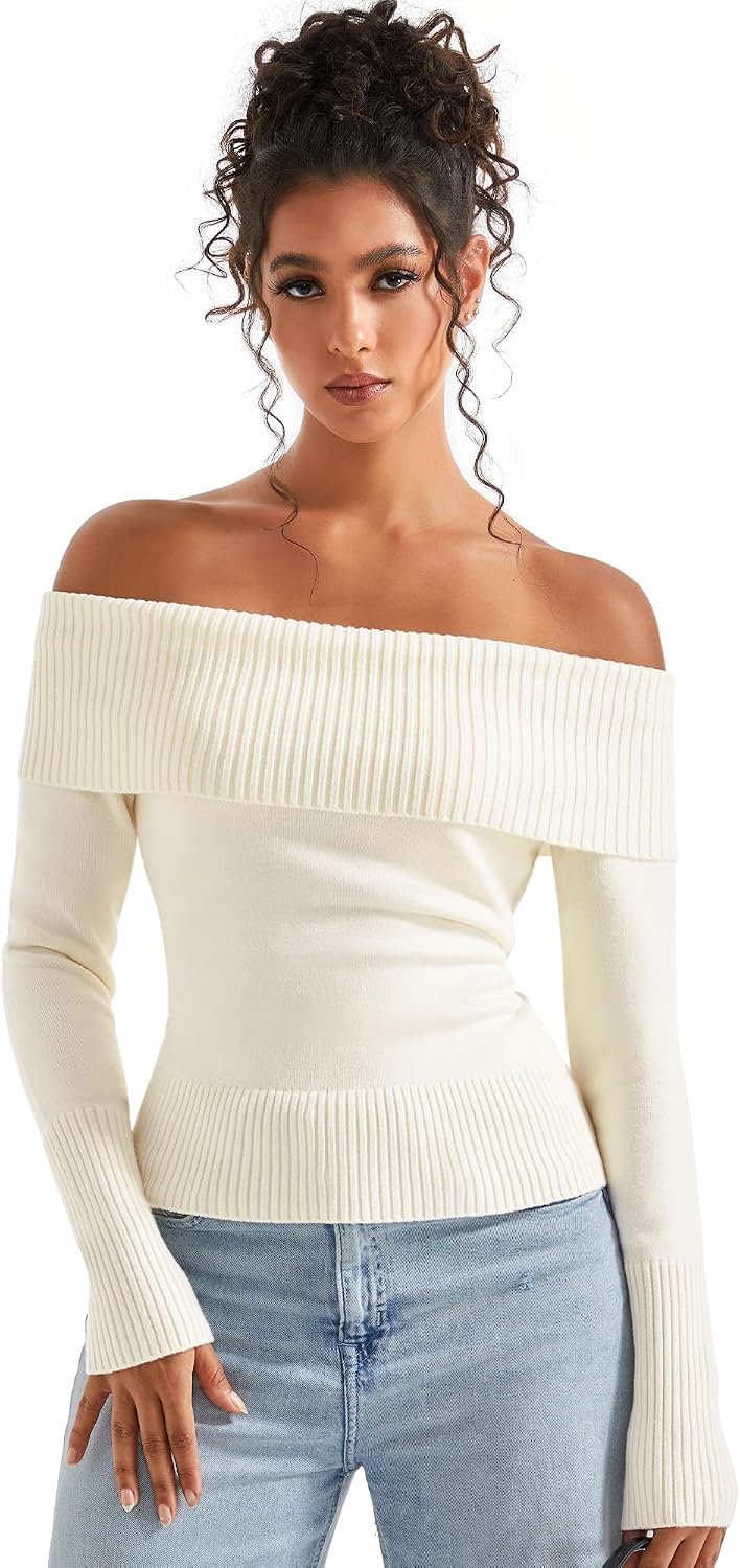 Detalle de SUUKSESS Women's Off-the-Shoulder Ribbed Knit Sweater, Long Sleeve