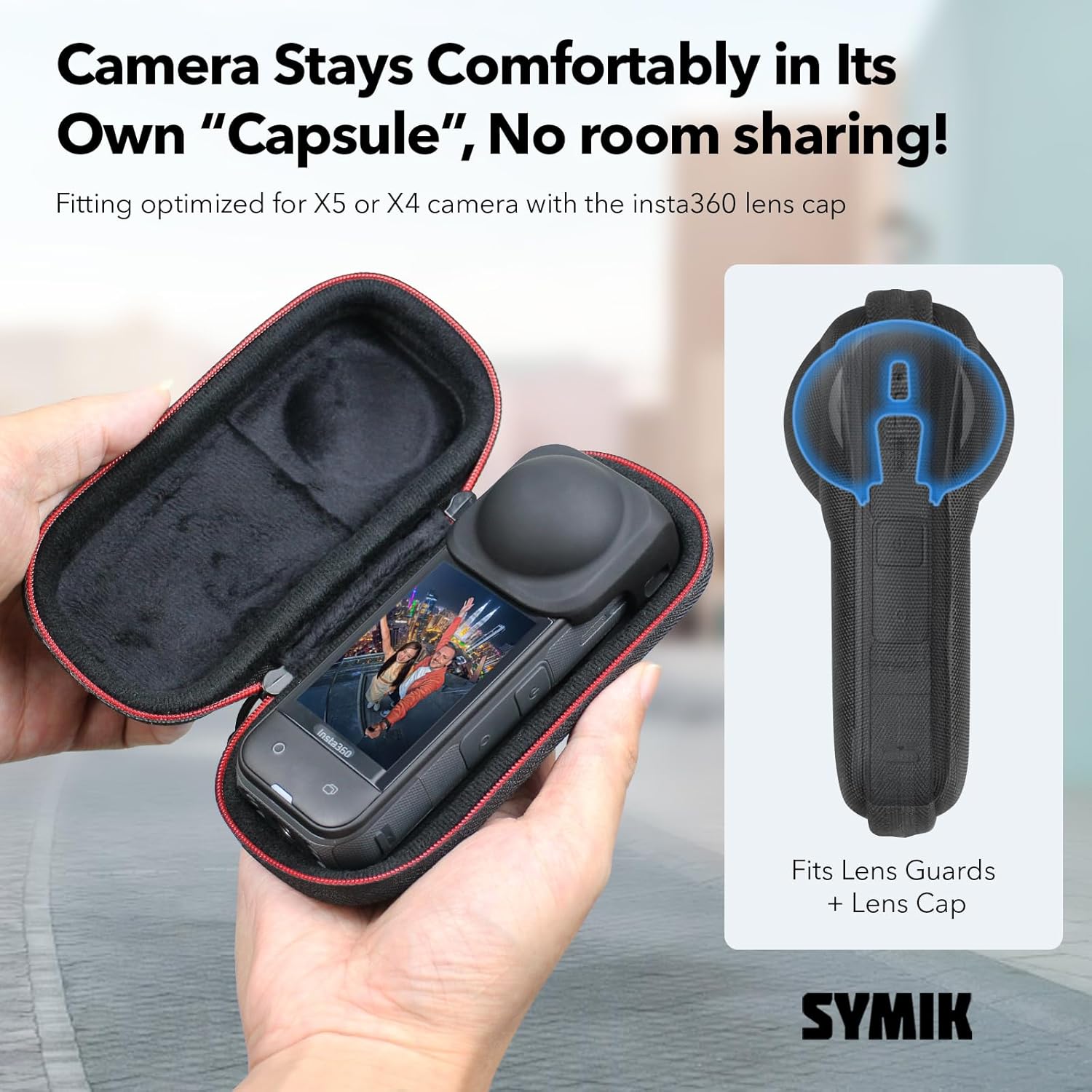 Detalle de SYMIK Capsule Case for Insta360 X5 X4 with Original Lens Cap + Screen Protectors