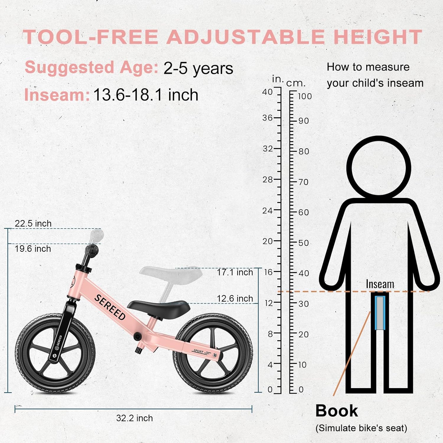 Thumbnail 2 de SEREED Toddler Balance Bike (2 Years Old), No-Pedal Kids Bike with Tool-Free Height Adjustment (Pink)