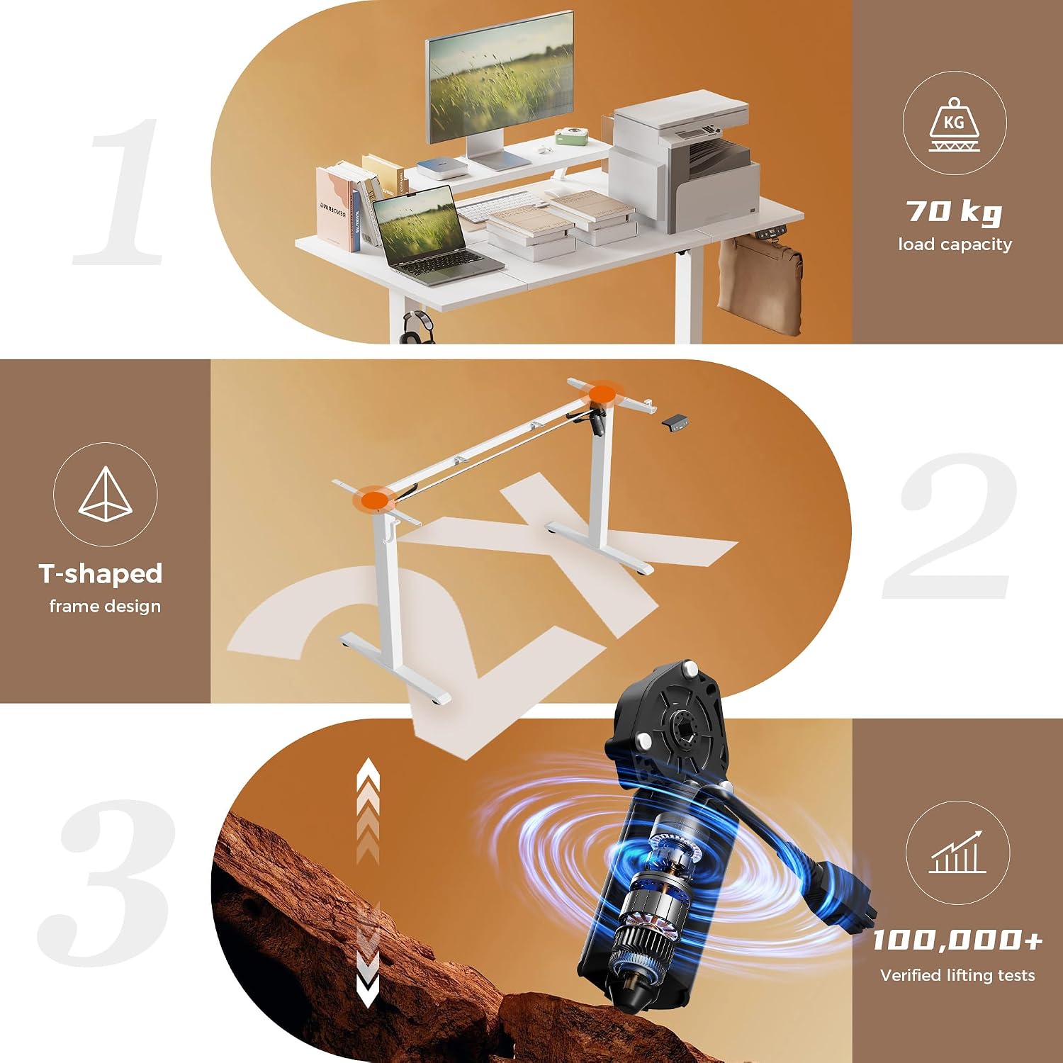 Thumbnail 2 de Klicelor Electric Height Adjustable Desk with Movable Monitor Stand, 120x80cm, 72-116cm Height, 2 Memory Buttons, White