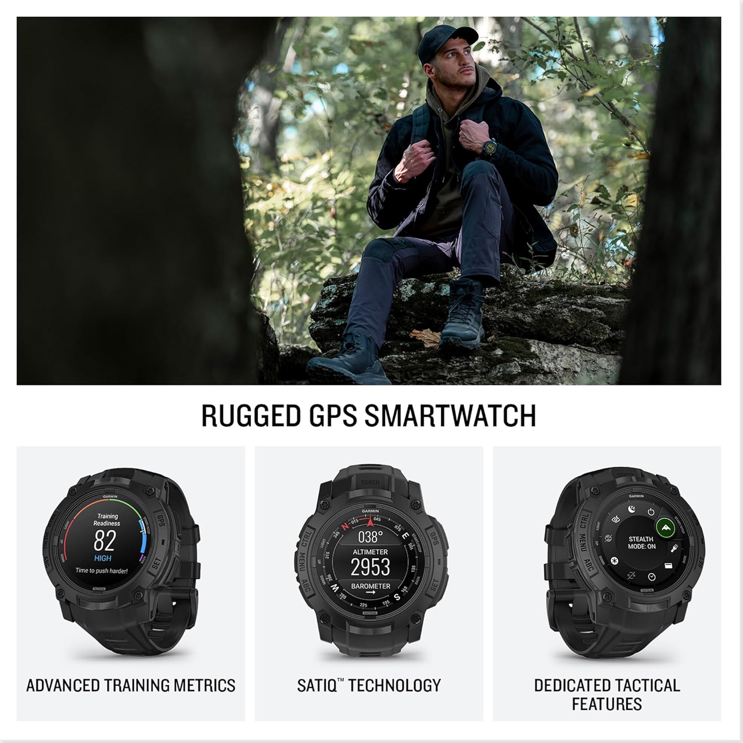 Thumbnail 1 de Garmin Instinct 3 Tactical Edition (50mm) rugged GPS smartwatch with AMOLED, LED flashlight & Garmin Pay