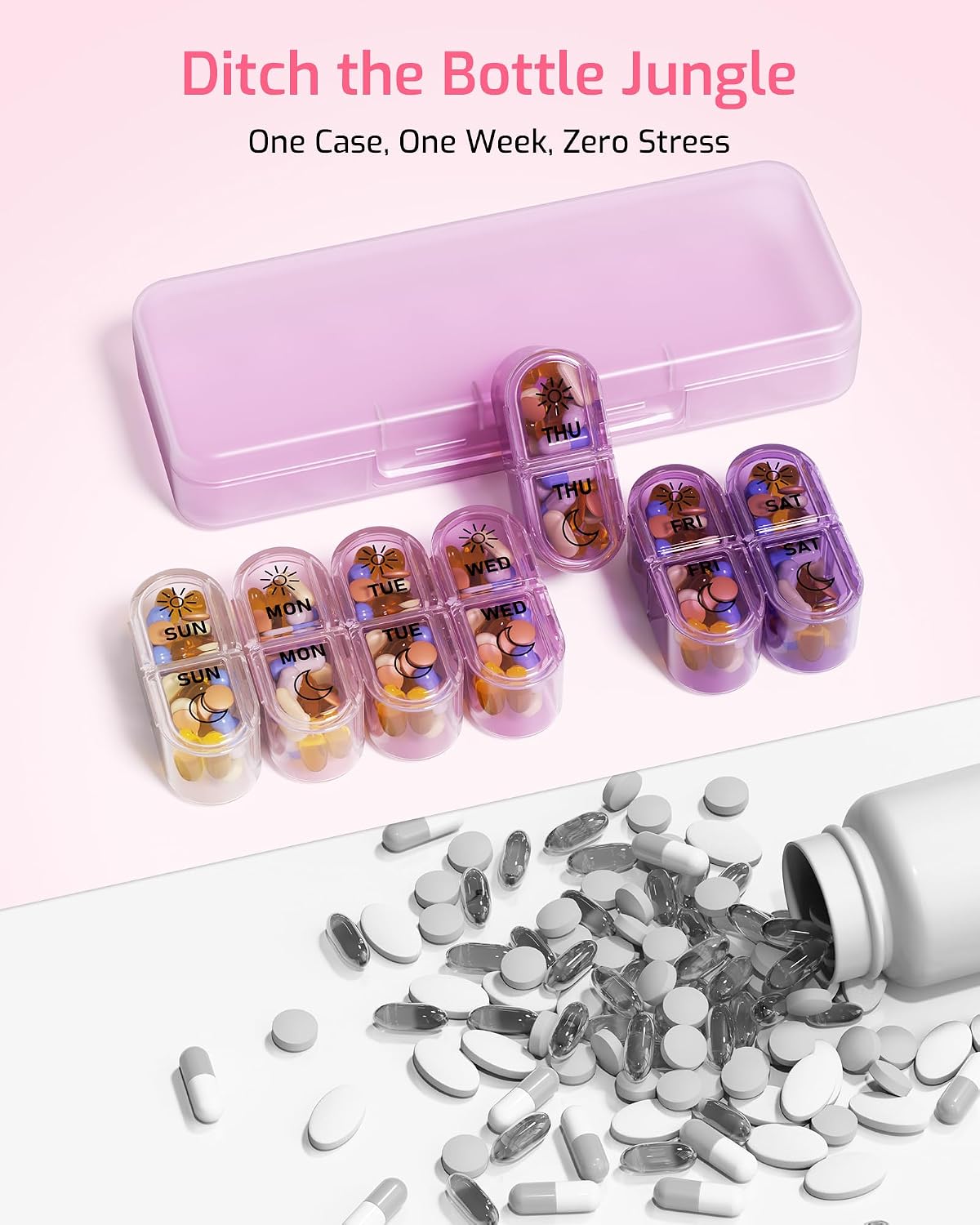 Thumbnail 4 de Daviky Weekly AM/PM Pill Organizer, 7-Day Easy-Open Box in Purple-Pink