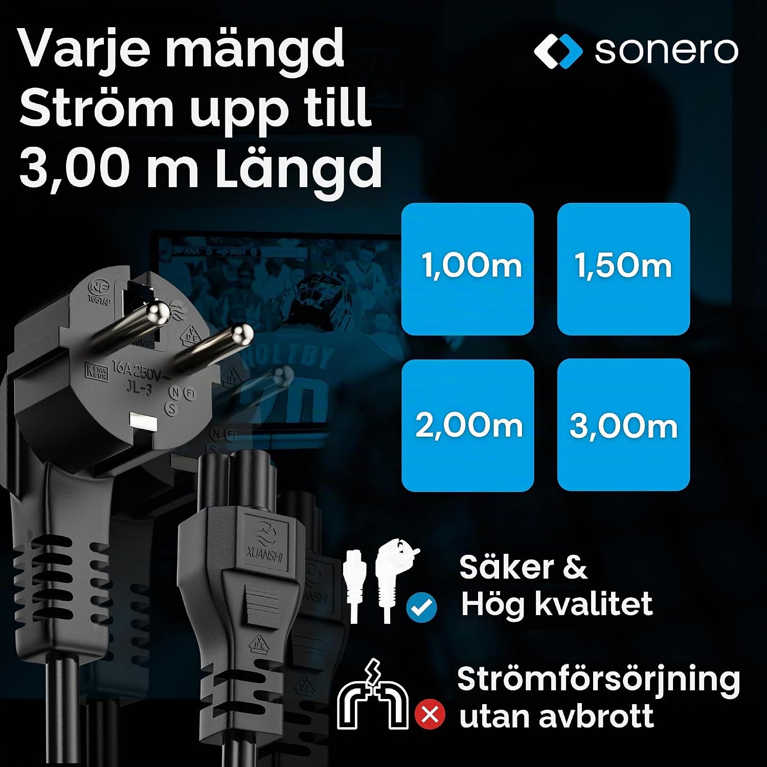 Thumbnail 6 de Sonero strömkabel Schuko till C5, 2,0 m med vinklad jordad kontakt