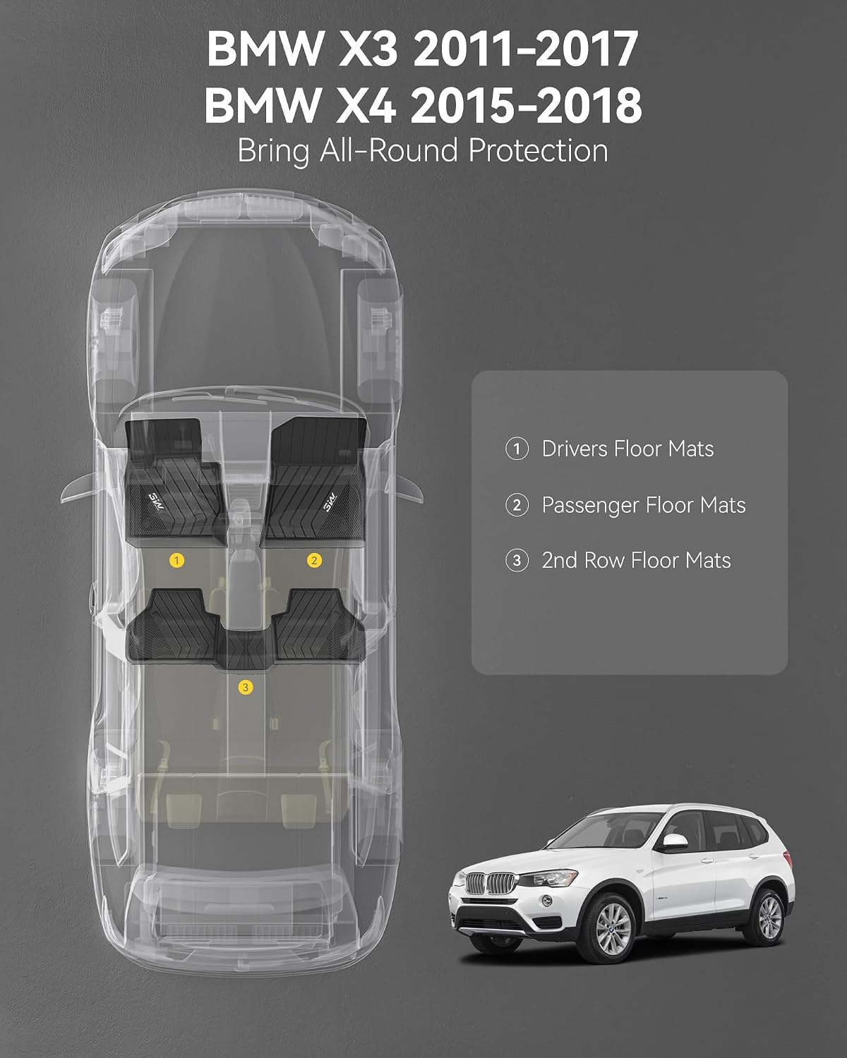 Thumbnail 2 de 3W Floor Mats BMW X3 X4 Custom Fit TPE 1st+2nd Row
