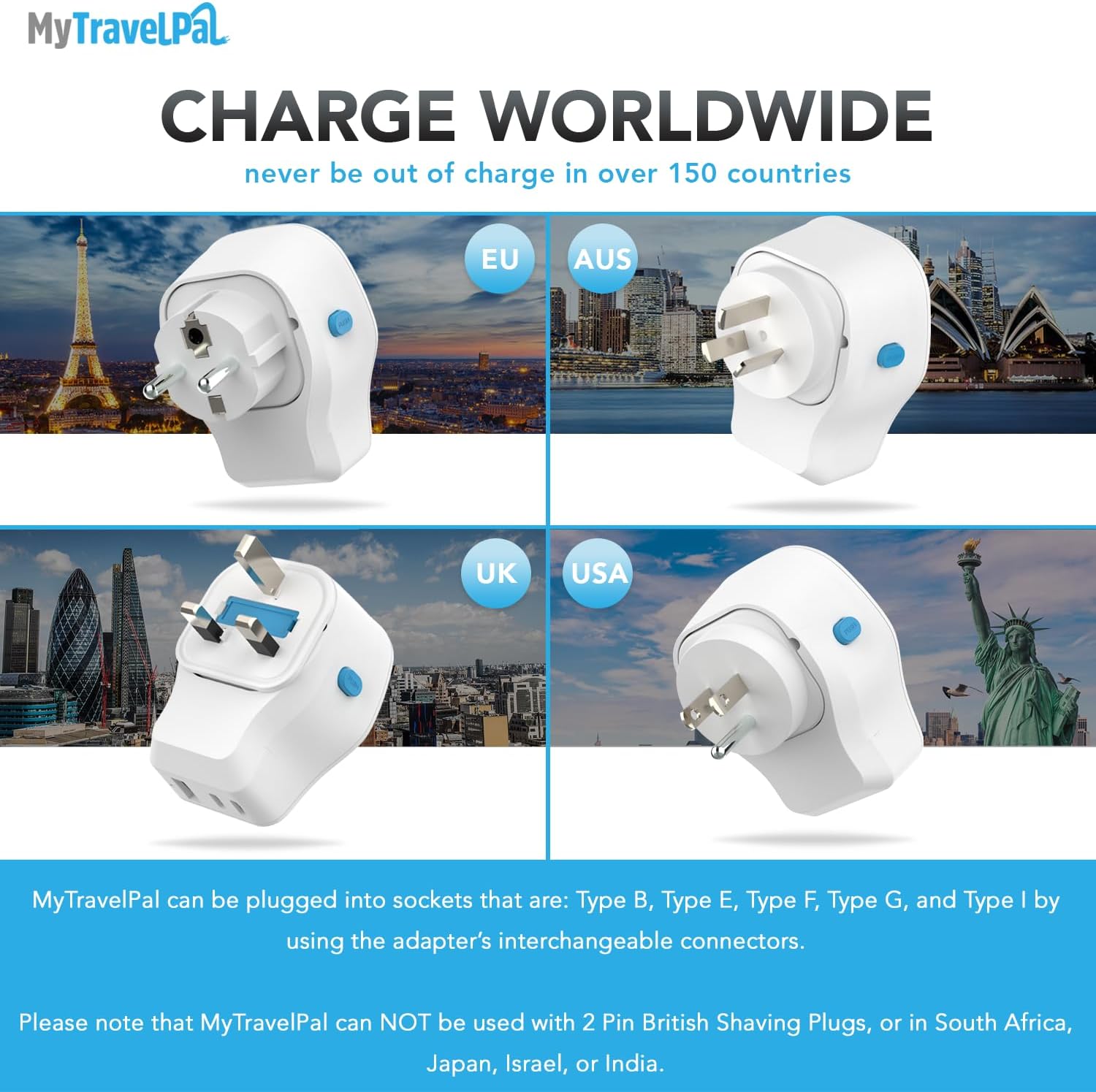 Detalle de MyTravelPal Universal Travel Adapter with 20W PD USB-C (UK Safety Standard BS8546)
