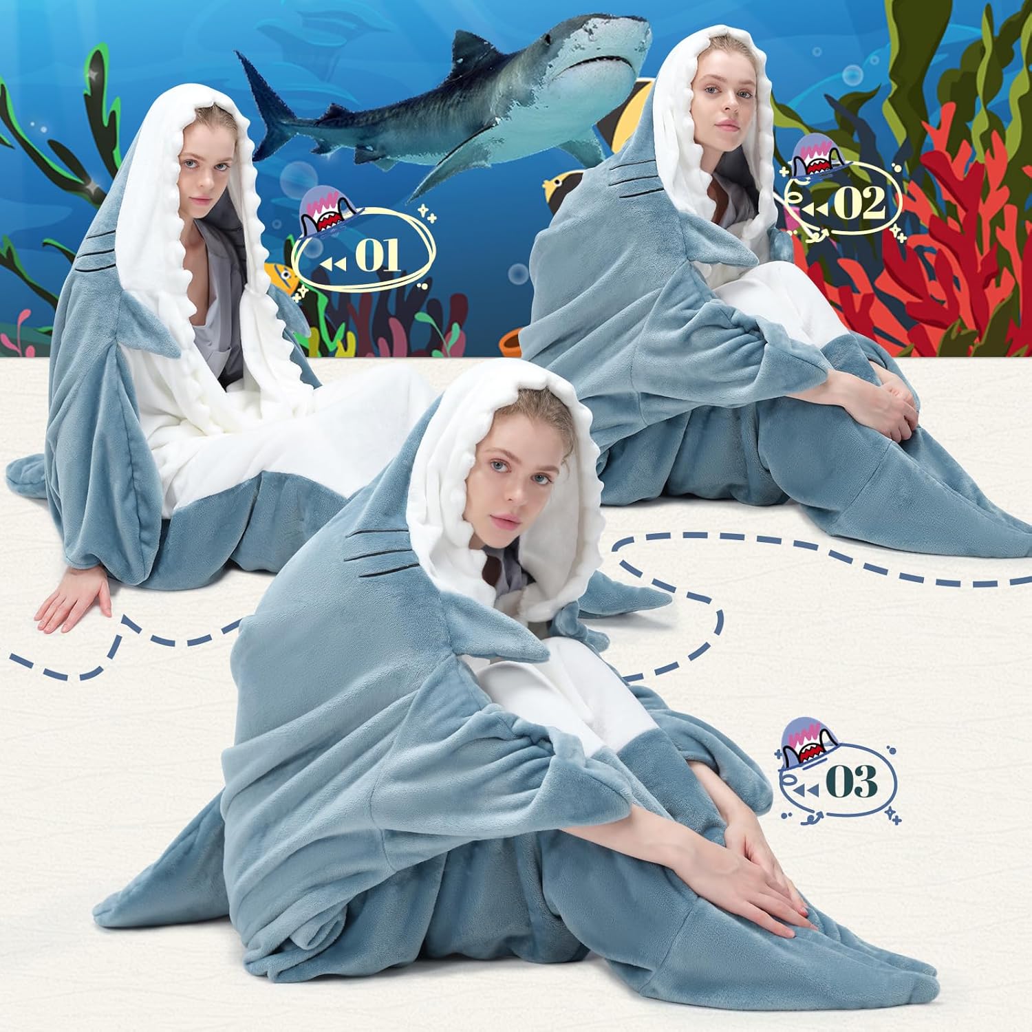 Detalle 2 de Touchat Shark Blanket for Adults, Blue Large 280 GSM Flannel Wearable Blanket