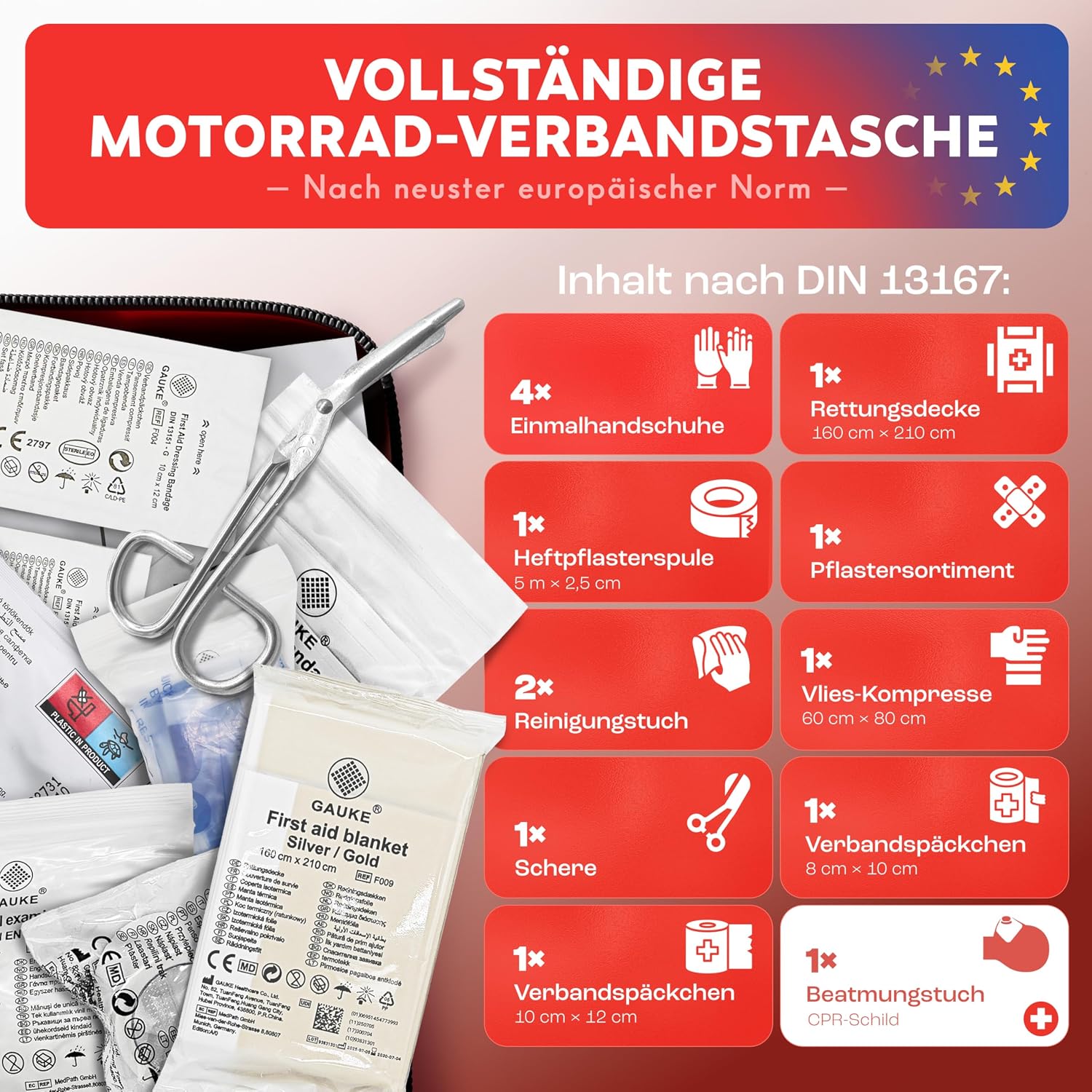 Detalle 2 de Heldenwerk Erste Hilfe Set Motorrad nach aktueller Norm 2026 inkl. Beatmungstuch – Mini Verbandskasten DIN 13167 (StVZO konform)
