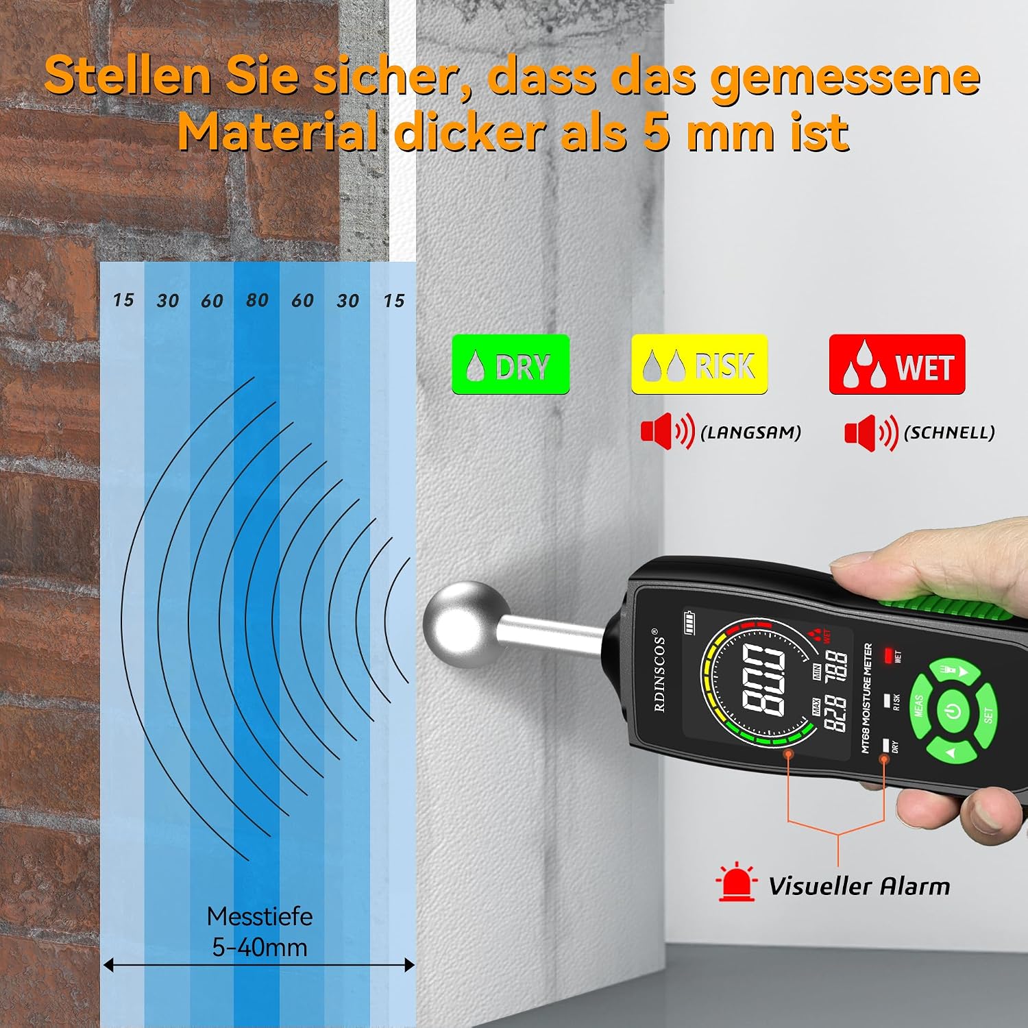 Thumbnail 6 de RDINSCOS Feuchtigkeitsmessgerät – Wand- und Holzfeuchtemesser, zerstörungsfrei bis 40 mm