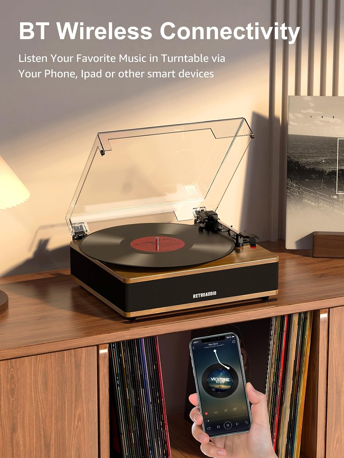 Detalle 2 de RetroAudio UD005 Bluetooth Turntable with Stereo Speakers, 3 Speeds, Light Walnut