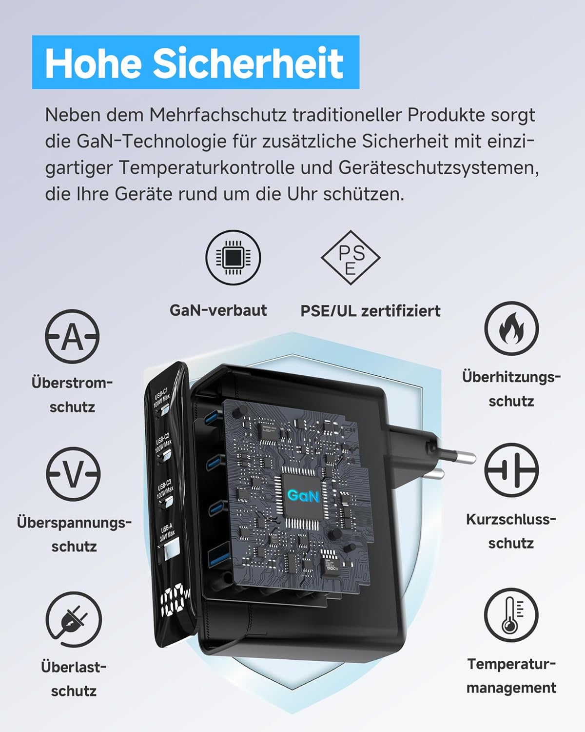 Thumbnail 4 de 100W USB-C Ladegerät mit 4 Ports, LED-Display (GaN, PD/PPS) – Schwarz