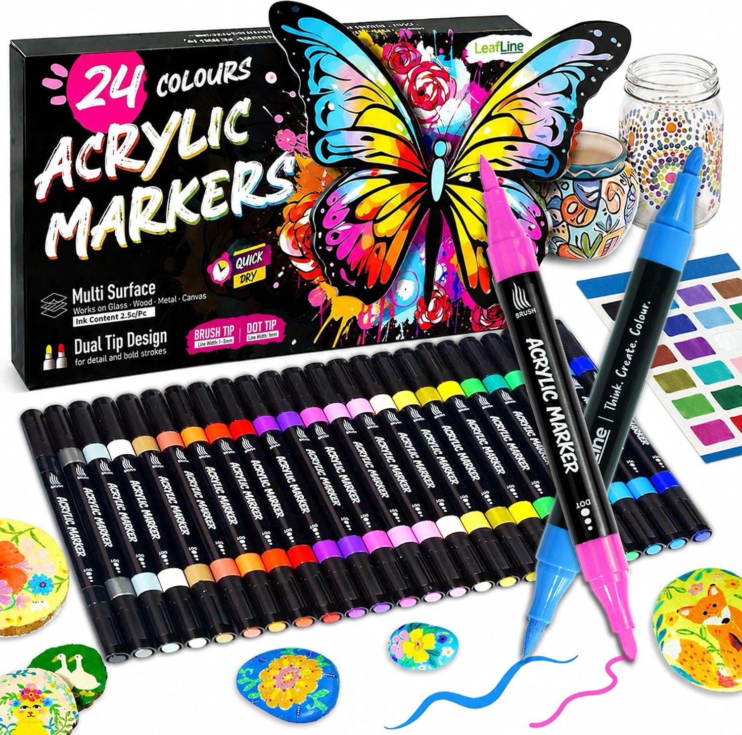 Detalle de 24 Acrylic Paint Pens by LeafLine: Dual Tip Markers for Versatile Crafting