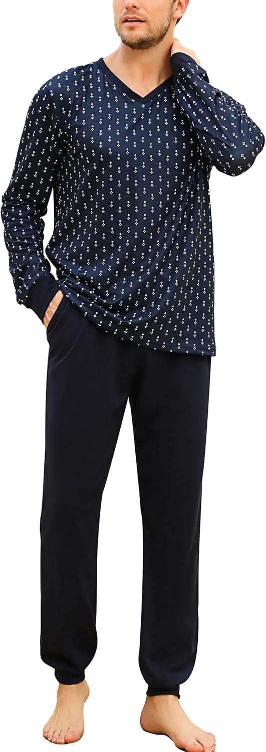 Detalle de Bresdk Pyjama Homme Coton Hiver Chaud Rayures Bleues Marine
