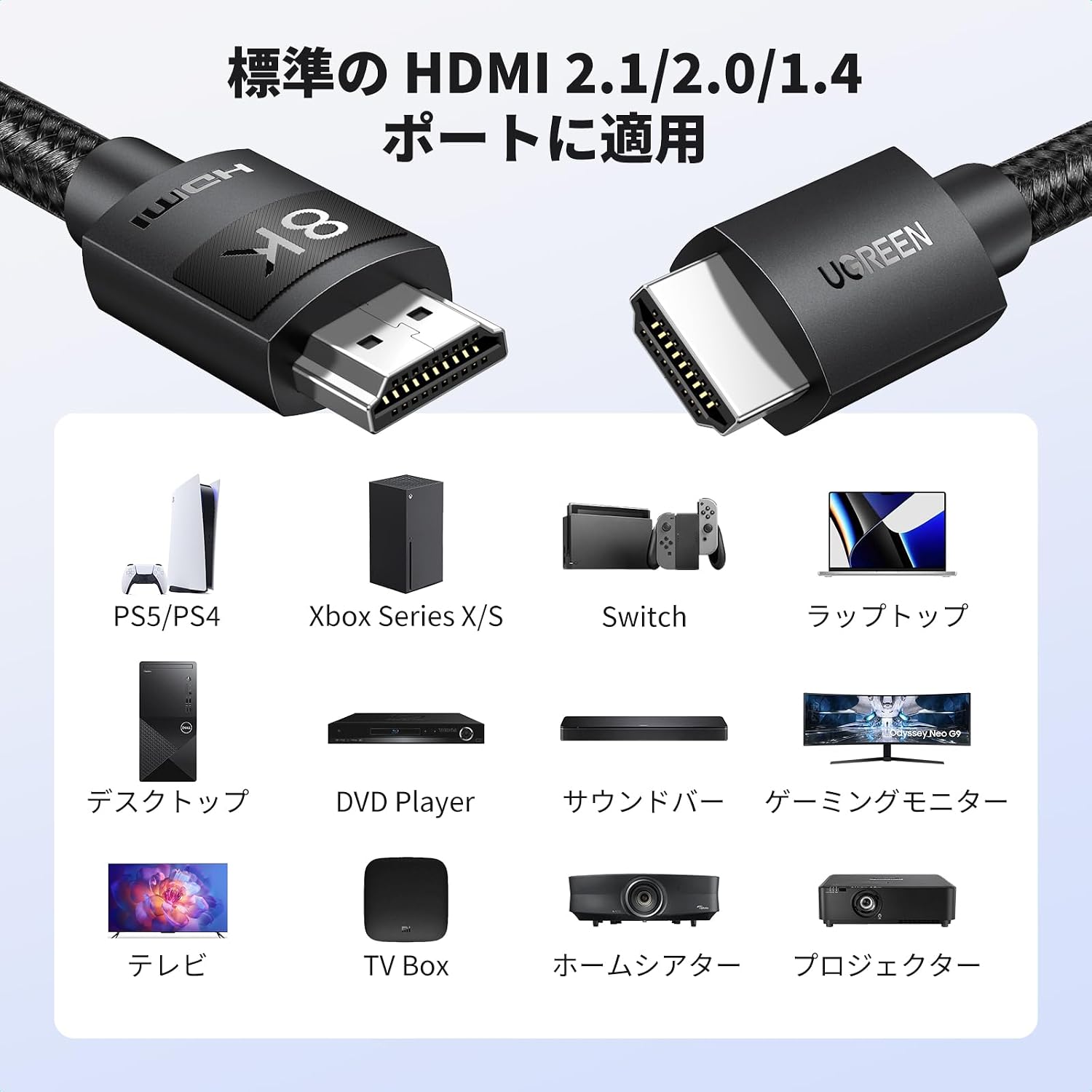 Detalle de UGREEN HDMI 2.1ケーブル 5m、48Gbps・8K@60Hz・eARC対応、ナイロン編み