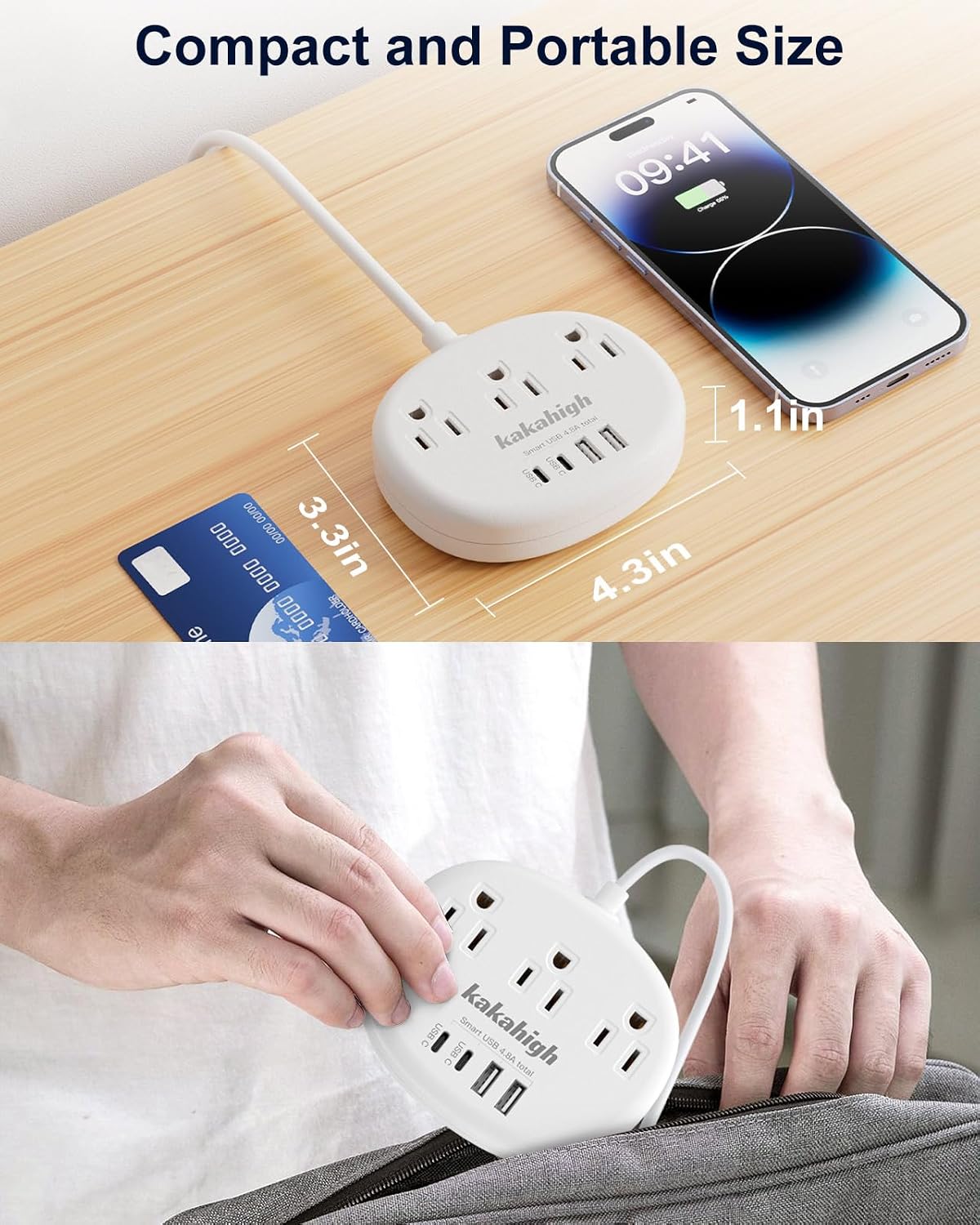 Detalle 1 de kakahigh European Travel Plug Adapter with 3ft Extension Cord, 3 Outlets & 4 USB Ports