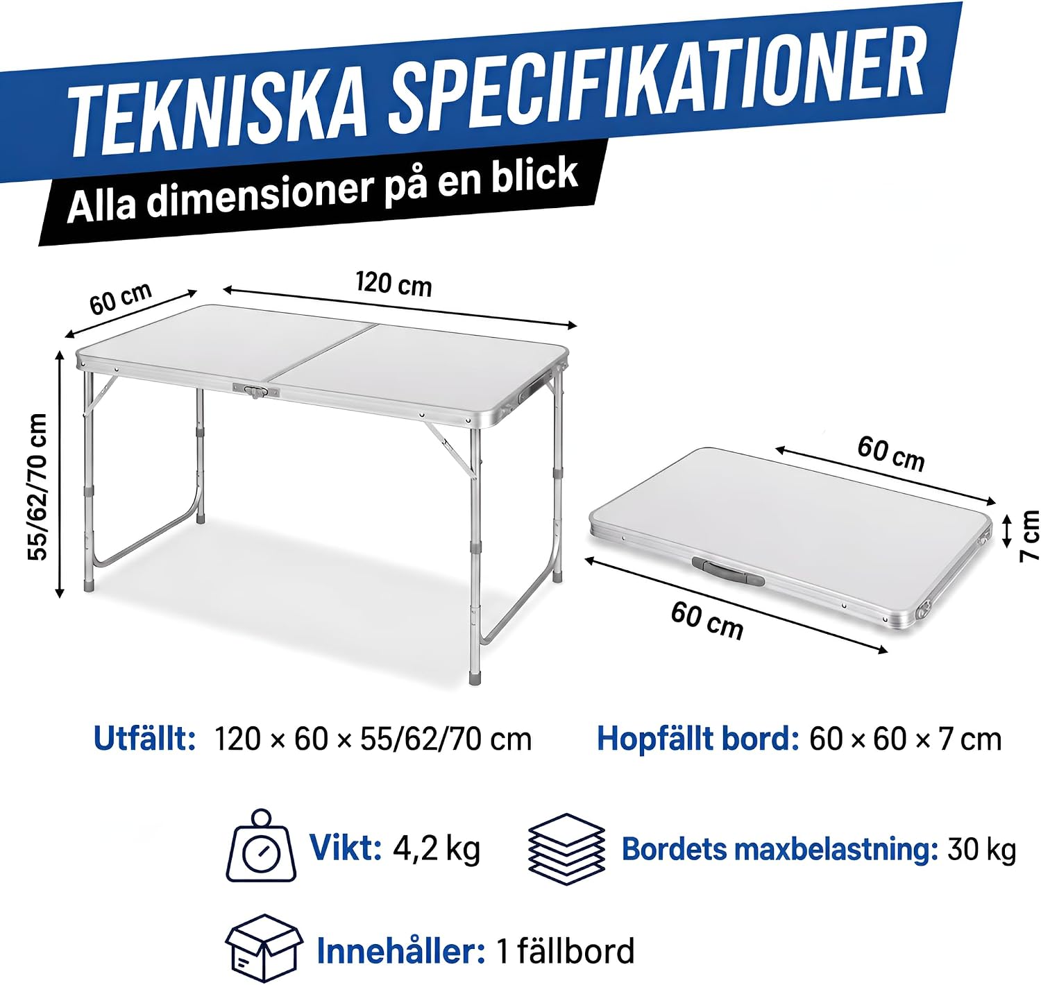 Detalle 2 de GOODS+GADGETS 3169011 campingbord 120 × 60 cm i aluminium, tre höjdlägen