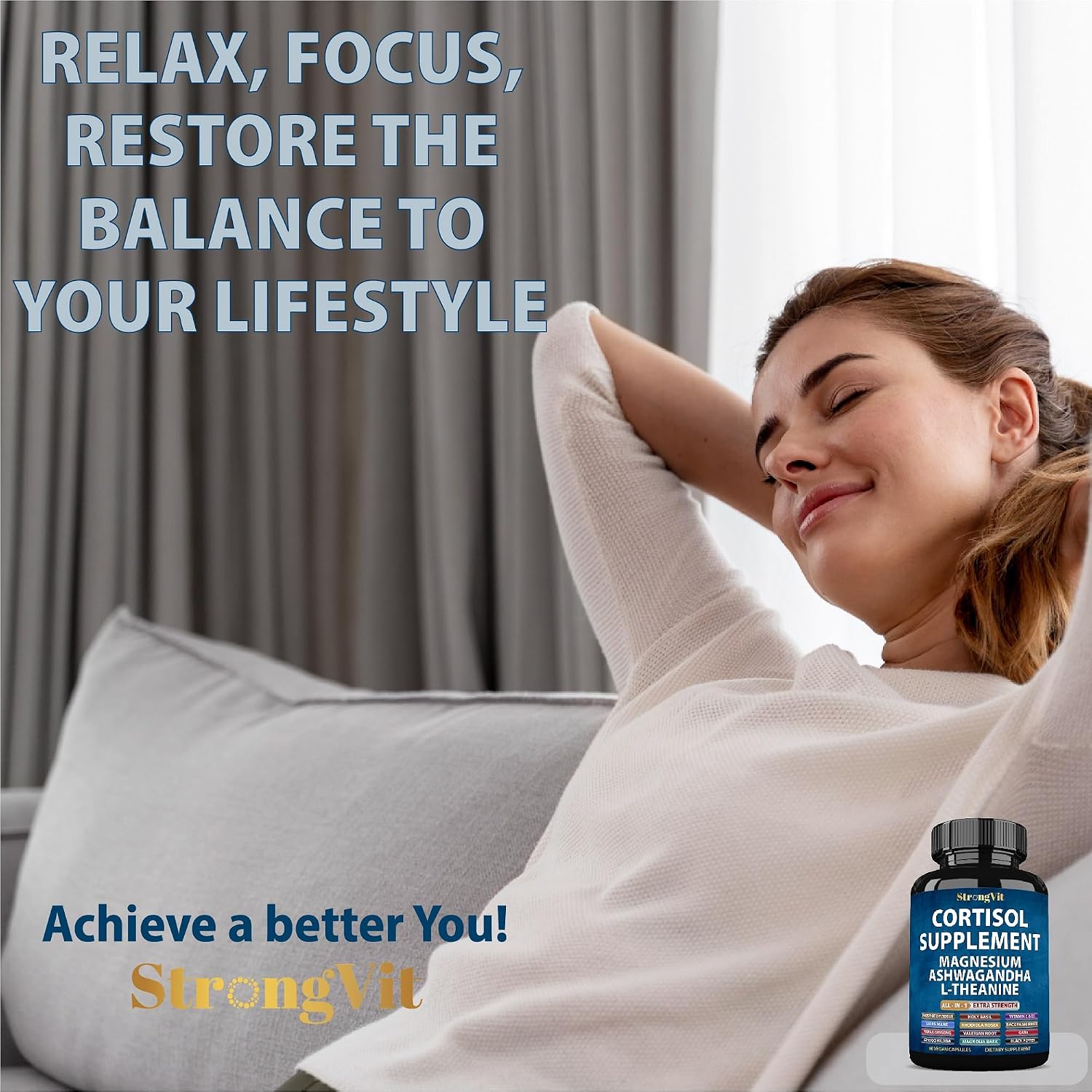 Detalle 2 de StrongVit Cortisol Supplement, 60 Capsules with Magnesium and Ashwagandha