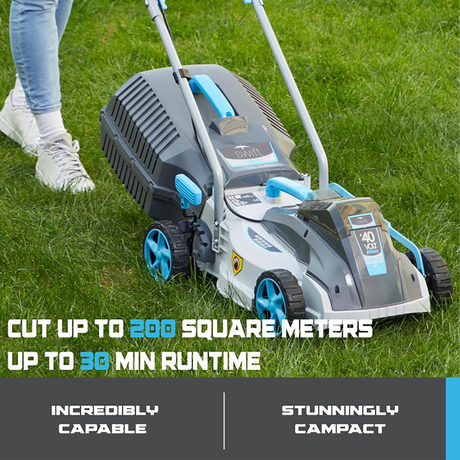 Detalle de Swift 40V Cordless Lawnmower (Brushless) – 32cm cutting width, 30L grass box, 1x 2.0Ah battery & charger