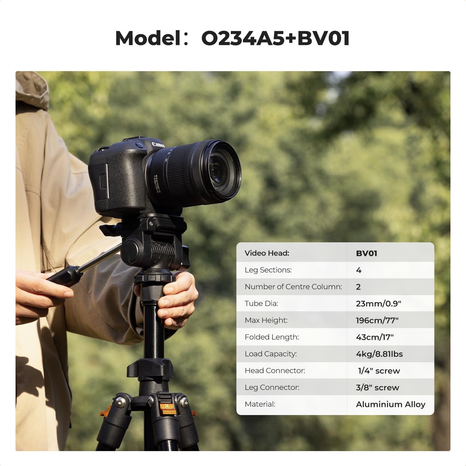Thumbnail 1 de K&F CONCEPT 77" (196cm) Video Tripod with 3-Way Pan/Tilt Head, Quick Release Plate & Phone Holder (load up to 4kg)