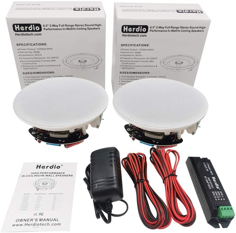 Detalle de Herdio 150W 6.5-Inch Ceiling Bluetooth Speakers (Pair) – Flush Mount for Office, Kitchen, Living Room, or Bathroom
