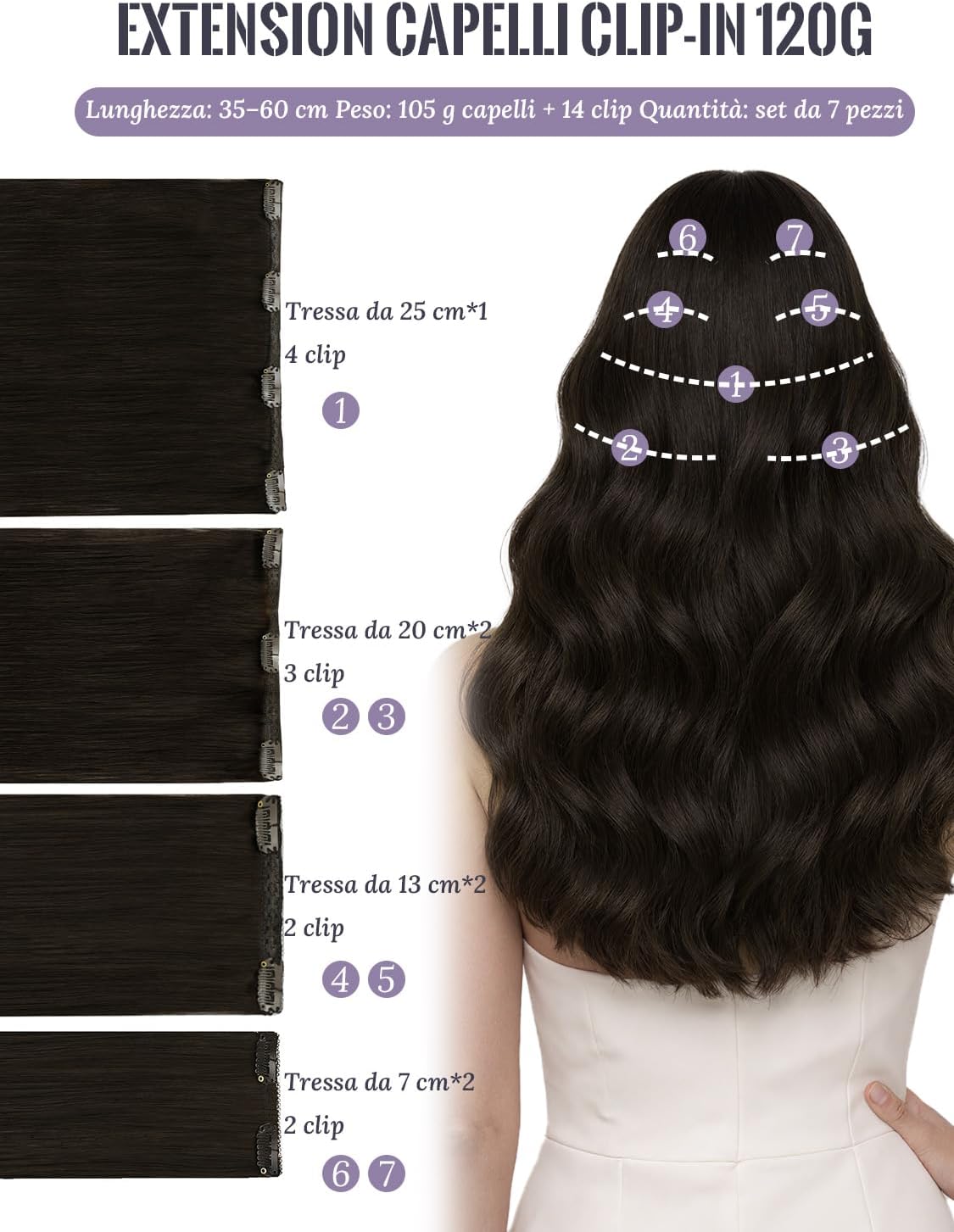 Thumbnail 1 de Fshine Extension Capelli Veri Clip 7 Pezzi, 120 g, Castano Scuro (Colore 2) 40,6 cm – Lisci e Professionali, Double Weft Brasiliani