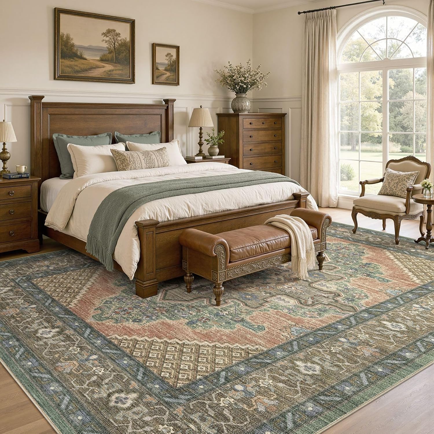 Thumbnail 2 de Tortania 8x10 Washable Boho Rug — Sage Terracotta, Vintage Oriental Distressed Style