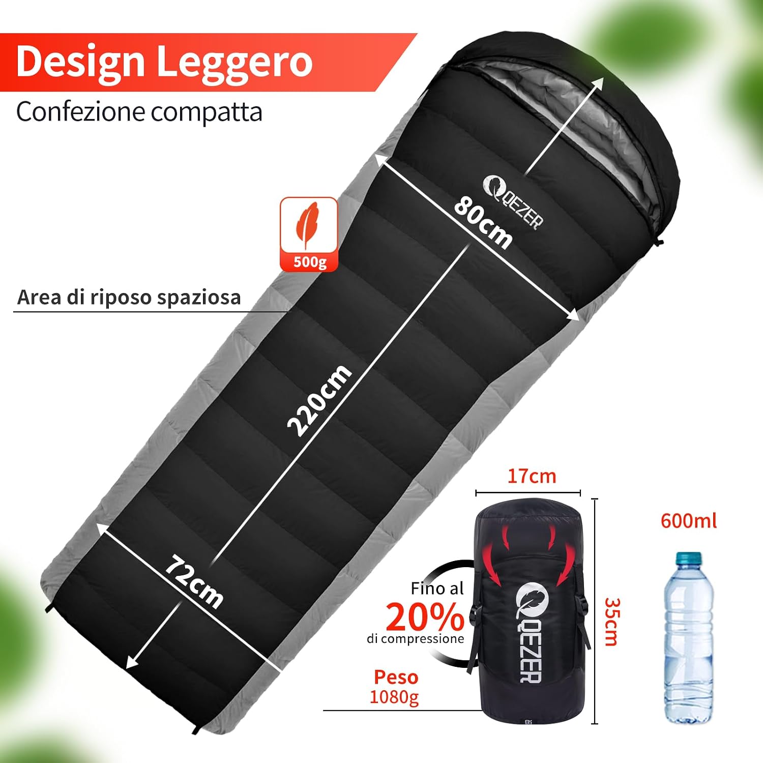 Detalle de QEZER Sacco a pelo ultraleggero in piuma per adulti e bambini, 12°C a -8°C, 1080 g–2140 g (4 stagioni) per campeggio e trekking