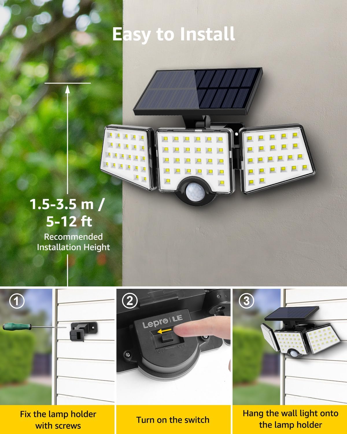 Thumbnail 5 de Lepro Solar Security Lights 1200LM Solar Floodlights Motion Sensor with 3 Adjustable Heads (IP65)