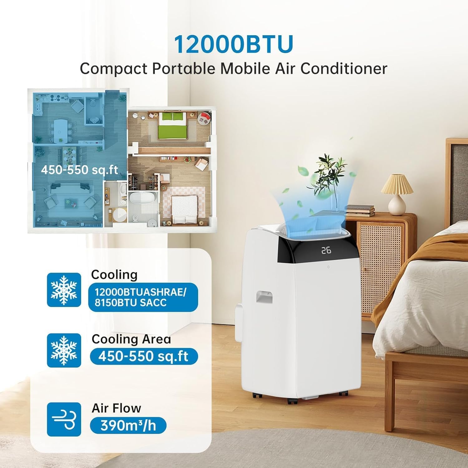 Thumbnail 1 de Euker Leises 4-in-1 mobiles Klimagerät 12000 BTU – kühlen, entfeuchten, lüften für Räume bis 51 m²