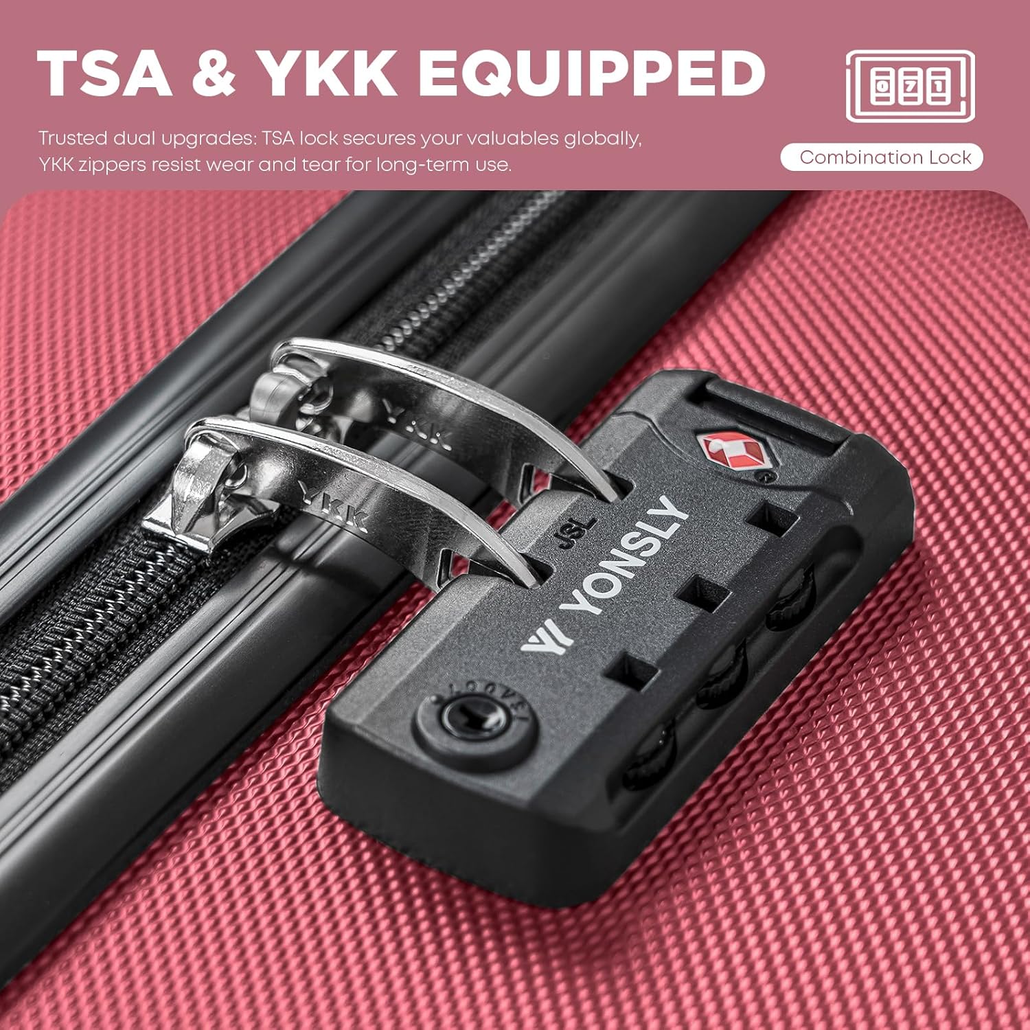 Detalle de YONSLY Premium Reisekoffer XL mit TSA-Schloss und YKK-Reißverschluss – Weinrot, 76 x 49 x 29 cm
