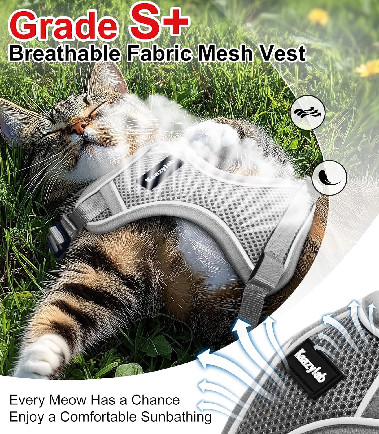 Detalle de Kaazylab Kaazy Cat harness, Adjustable Grey Mesh Cat Harness for 7–12 lb Cats