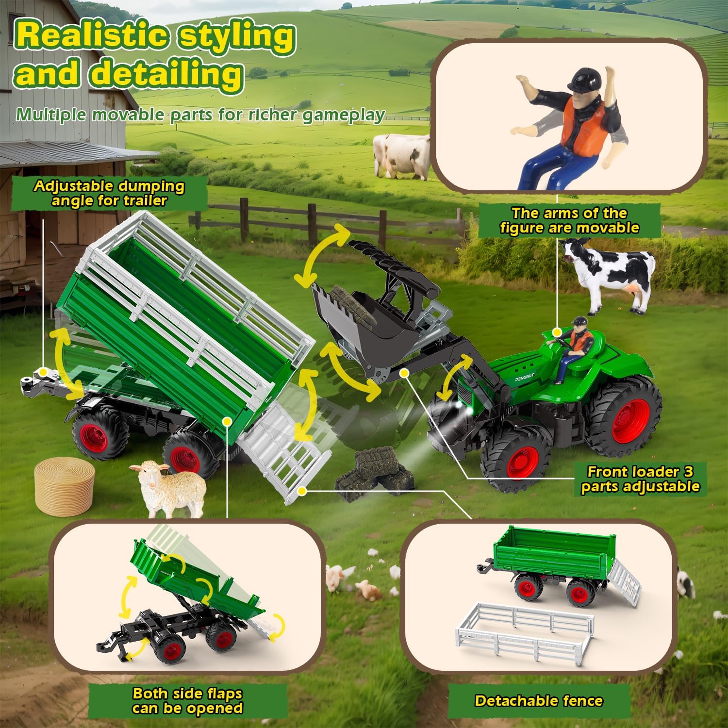 Detalle de PENGBU RC trattore telecomandato con rimorchio 2,4 GHz e caricamento frontale, set agricolo con mucca e pecora