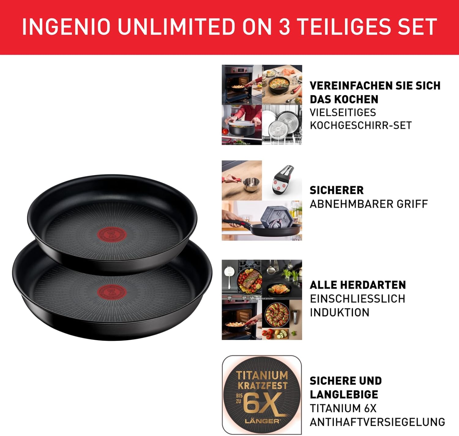 Detalle de Tefal Ingenio Unlimited On 3-teiliges Pfannenset mit abnehmbarem Griff, 24/28 cm – induktionsgeeignet