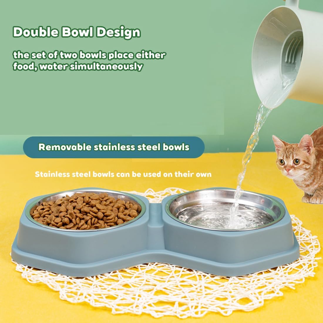 Detalle de Double Dog Bowls: Non Slip Removable Stainless Steel Double Pet Bowl 2-in-1 (Dark Blue, S)