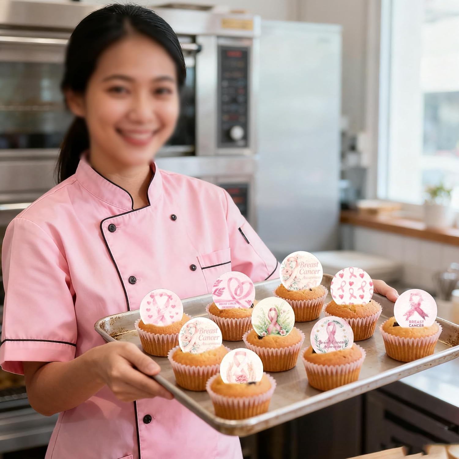 Detalle de Xsstarmi 64-Pack Breast Cancer Awareness Edible Cupcake Toppers