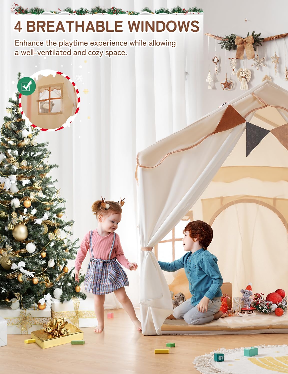 Thumbnail 5 de Besrey Kids Play Tent 2 in 1 with Padded Mat and Lights (Large Indoor/Outdoor Playhouse) — Double-Door Toddler Tent