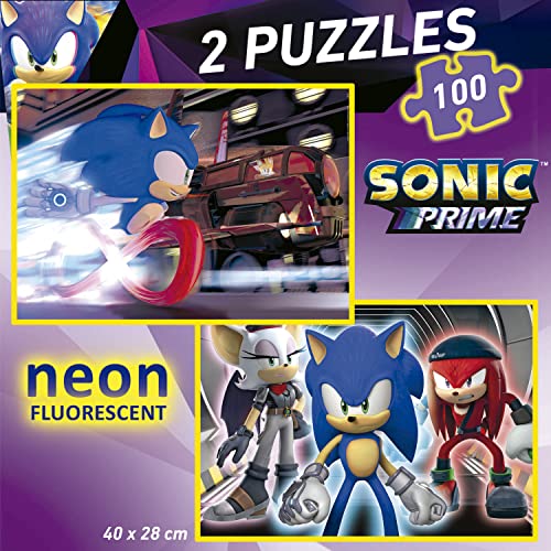 Detalle 1 de Educa Sonic Prime Neon 🧩 Set de 2 Puzzles 100 Piezas Brillantes +6 Años