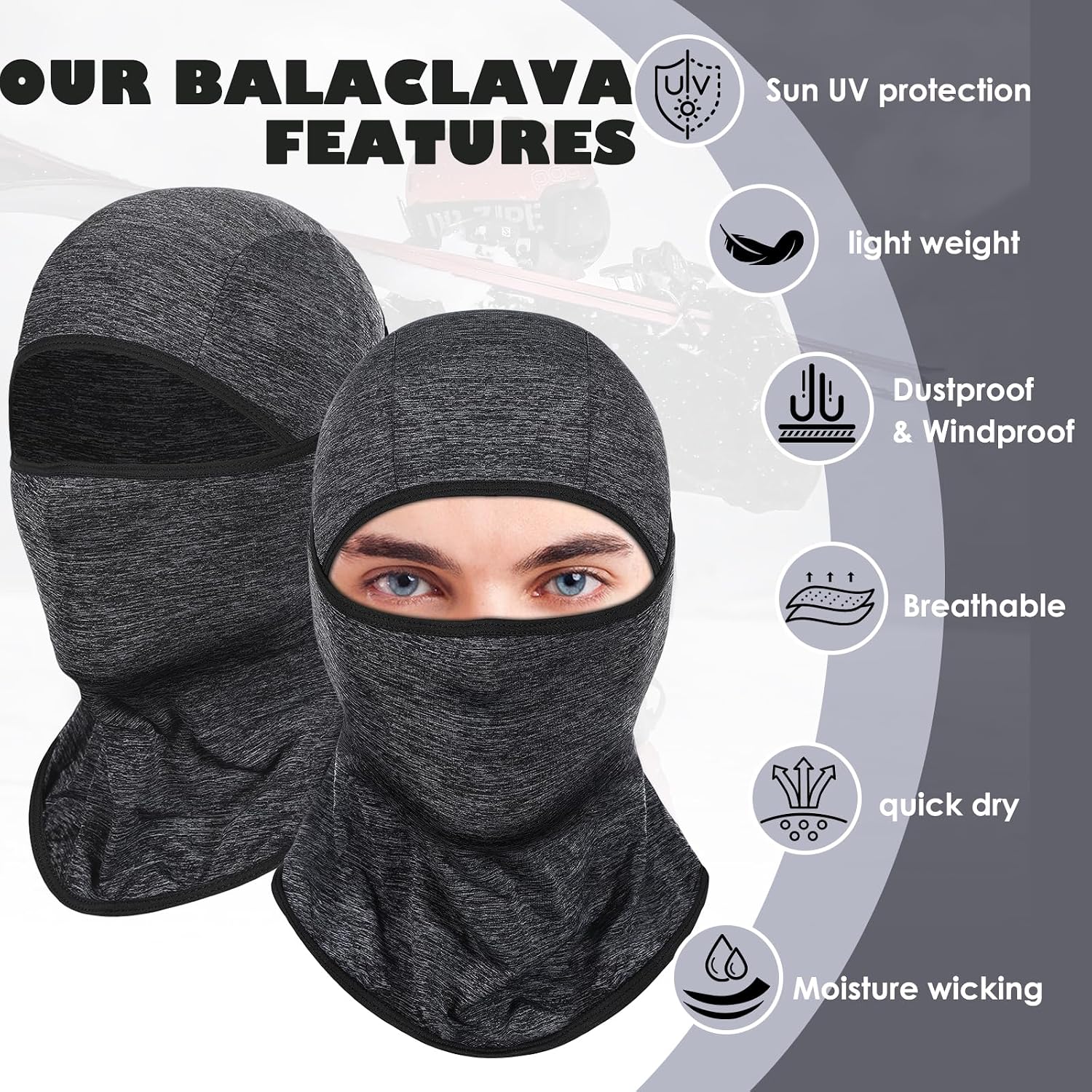 Detalle 2 de Achiou Lightweight Balaclava, UPF 50+ Helmet Liner, Black 2-Pack