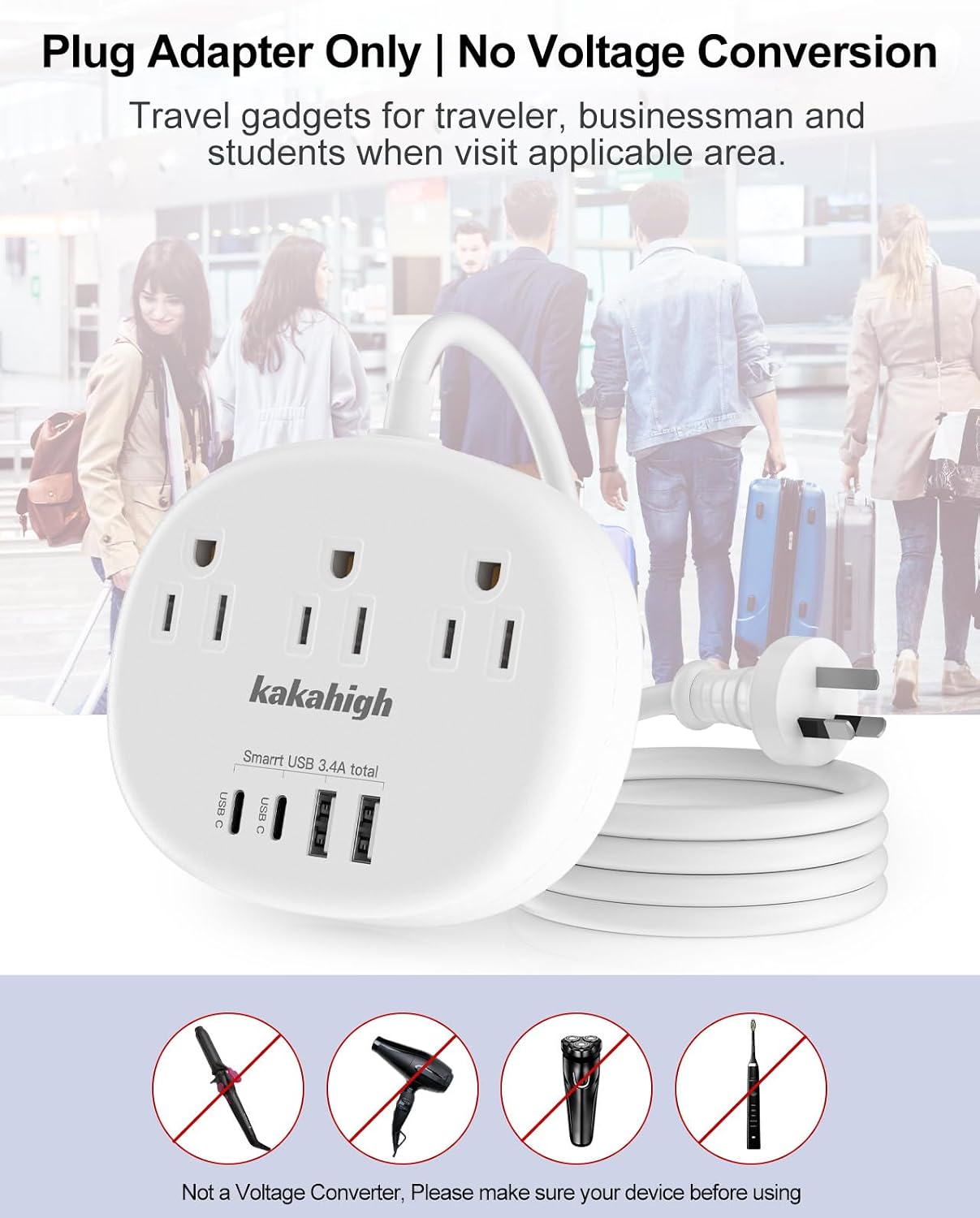 Detalle de kakahigh 771 Australia Travel Adapter, 3 AC Outlets, 4 USB Ports
