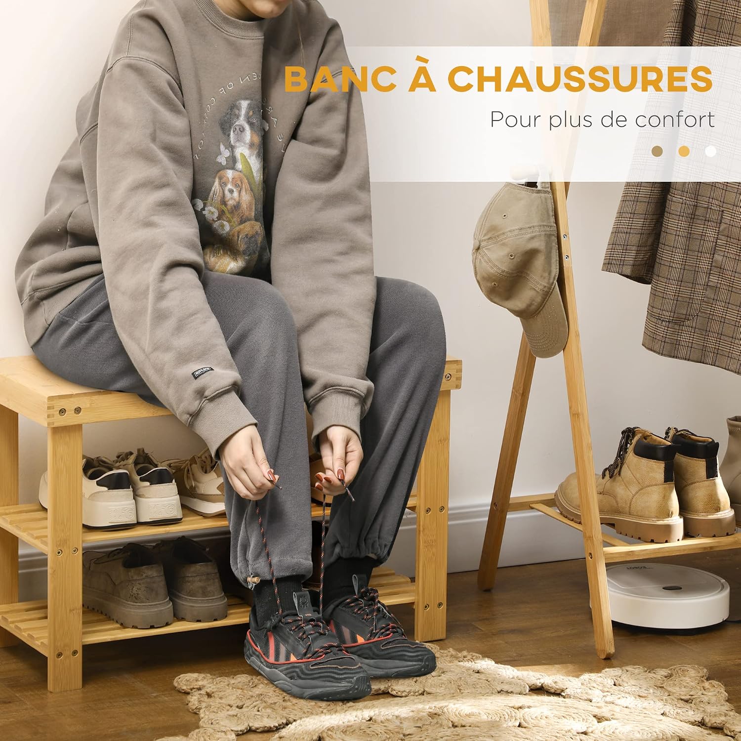 Thumbnail 4 de Banc à chaussures HOMCOM en bambou 3 niveaux — design scandinave, blanc, 70 × 28 × 45 cm