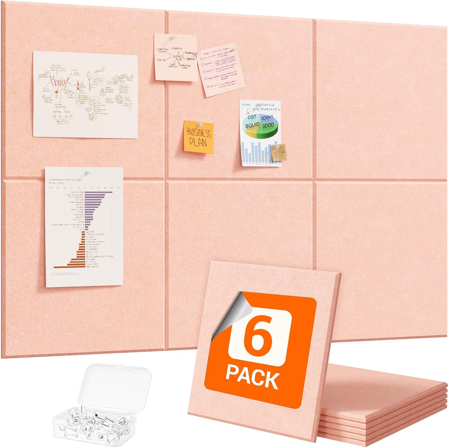 Lifewit Bacheca in feltro adesiva decorativa — Set di pannelli feltro 30x30 cm, inclusi 30 puntine, Rosa Corallo