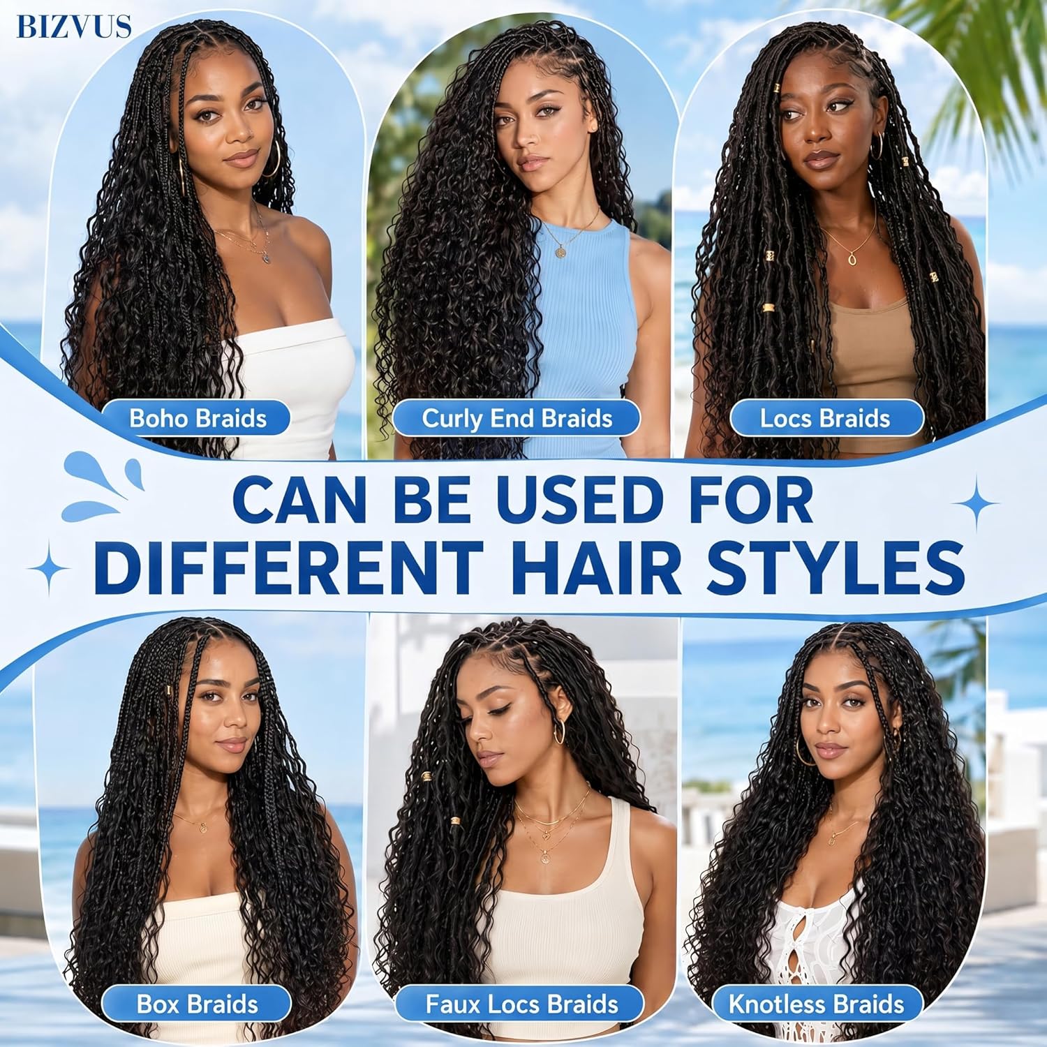 Detalle 2 de BIZVUS 110g 18-Inch Deep Wave Boho Braiding Hair (3 Bundles) in Natural Color #1B