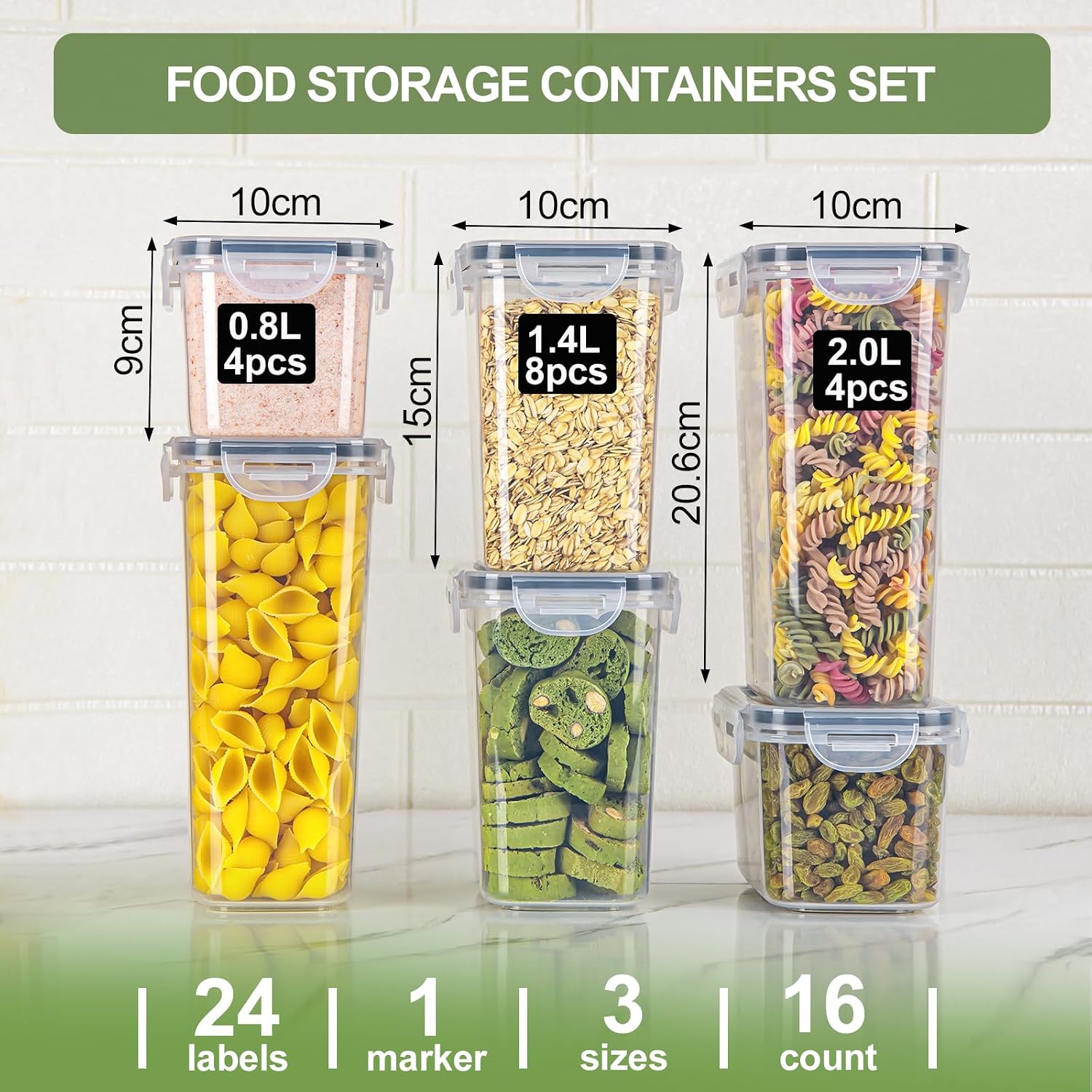 Detalle 2 de Vorratsdosen mit Deckel Luftdicht – Set aus 16 BPA-frei, stapelbar, 2,0 l/1,4 l/0,8 l