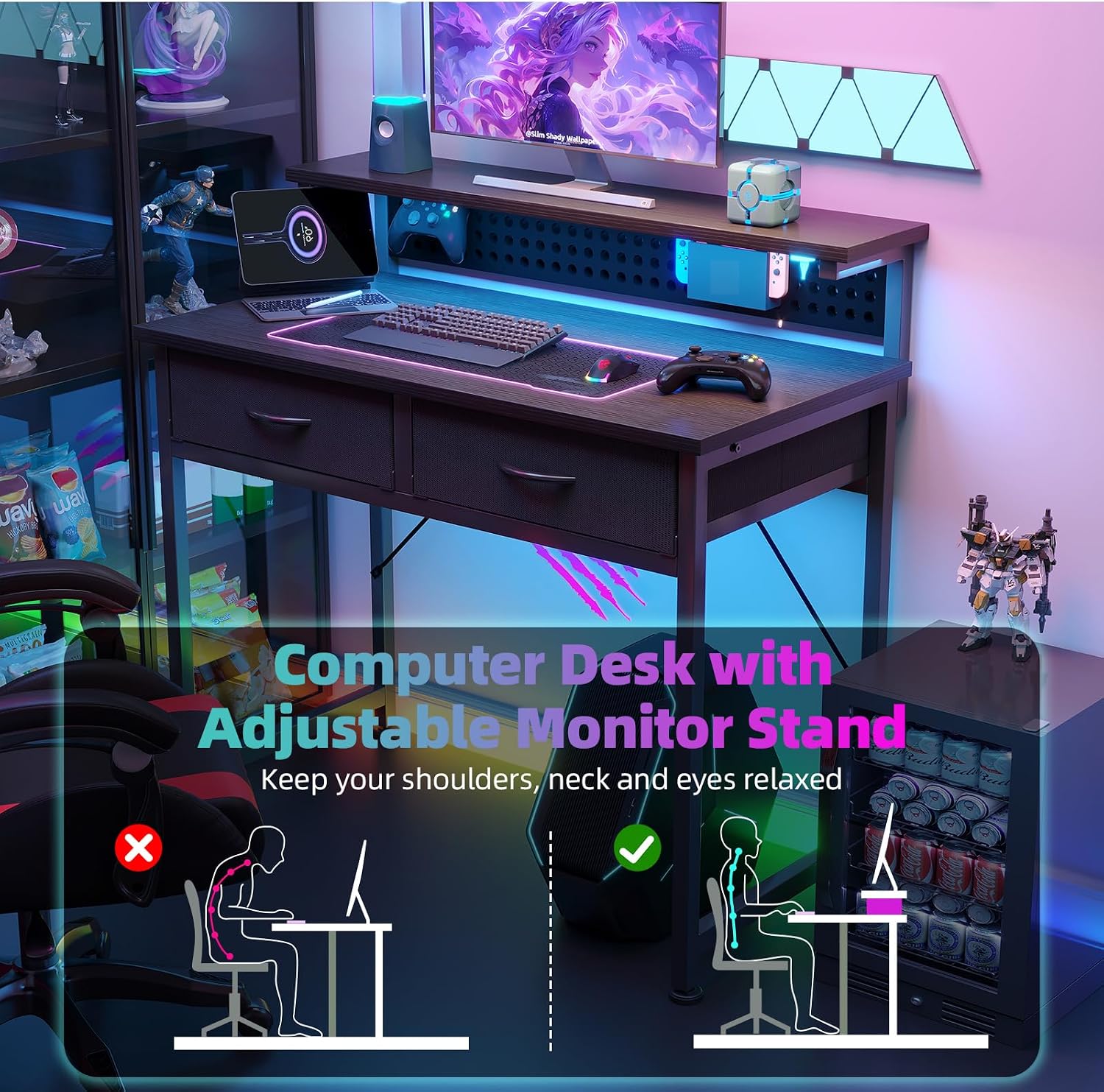Detalle 2 de Flrrtenv 31-Inch Gaming Desk with Pegboard, Adjustable LED and 2 Drawers